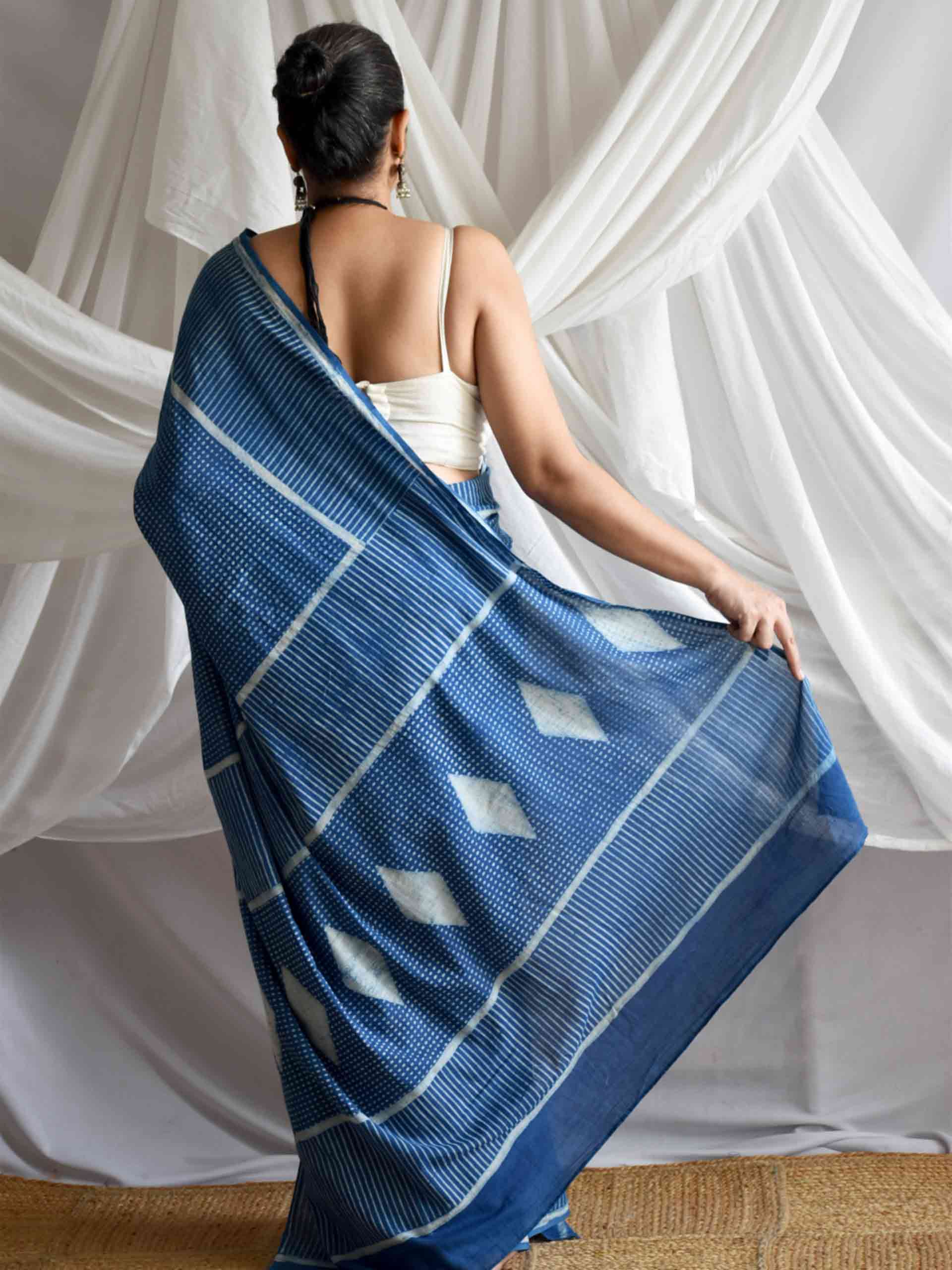 Diamond Indigo mul cotton saree