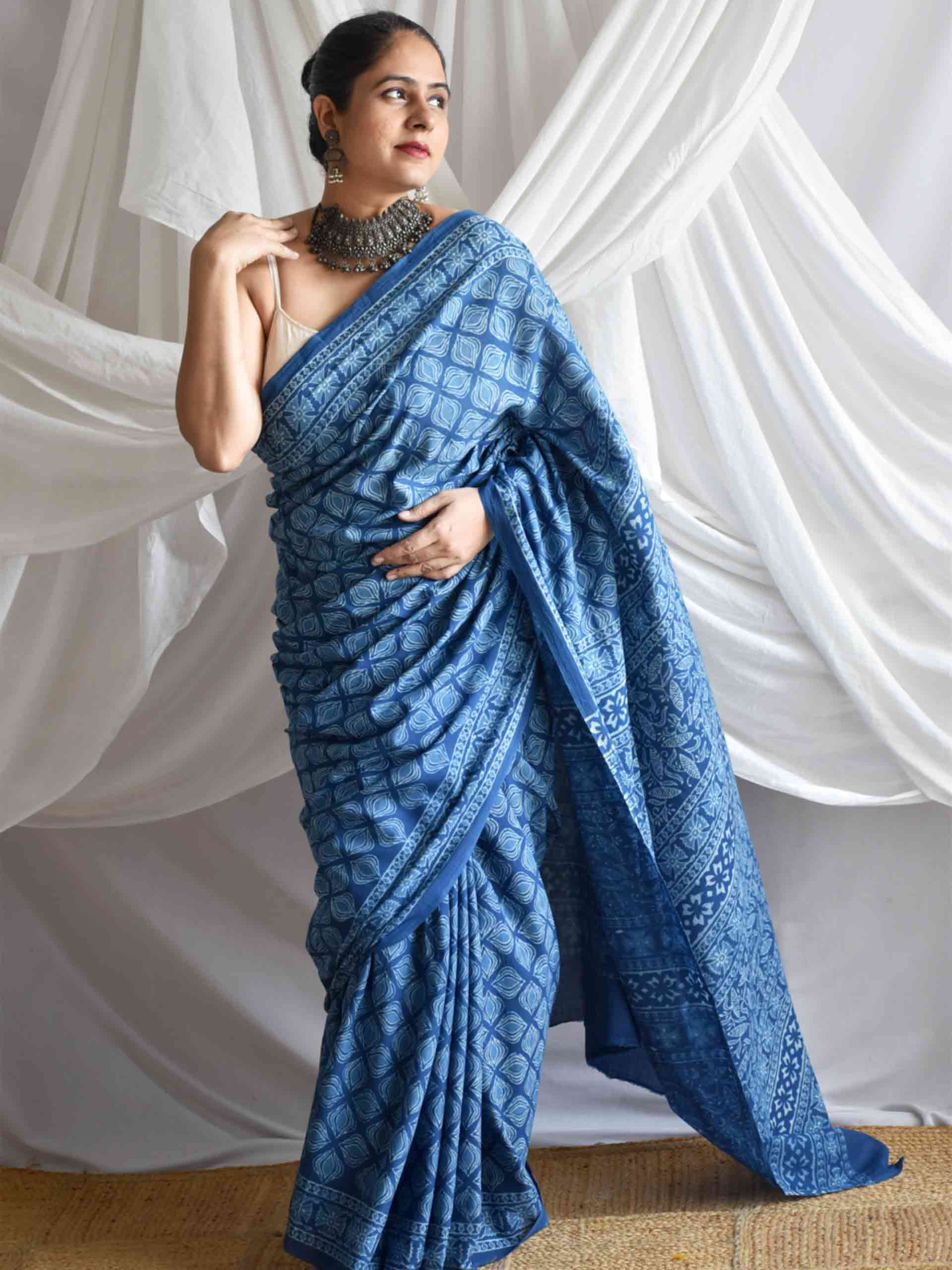 Moringa Indigo mul cotton saree