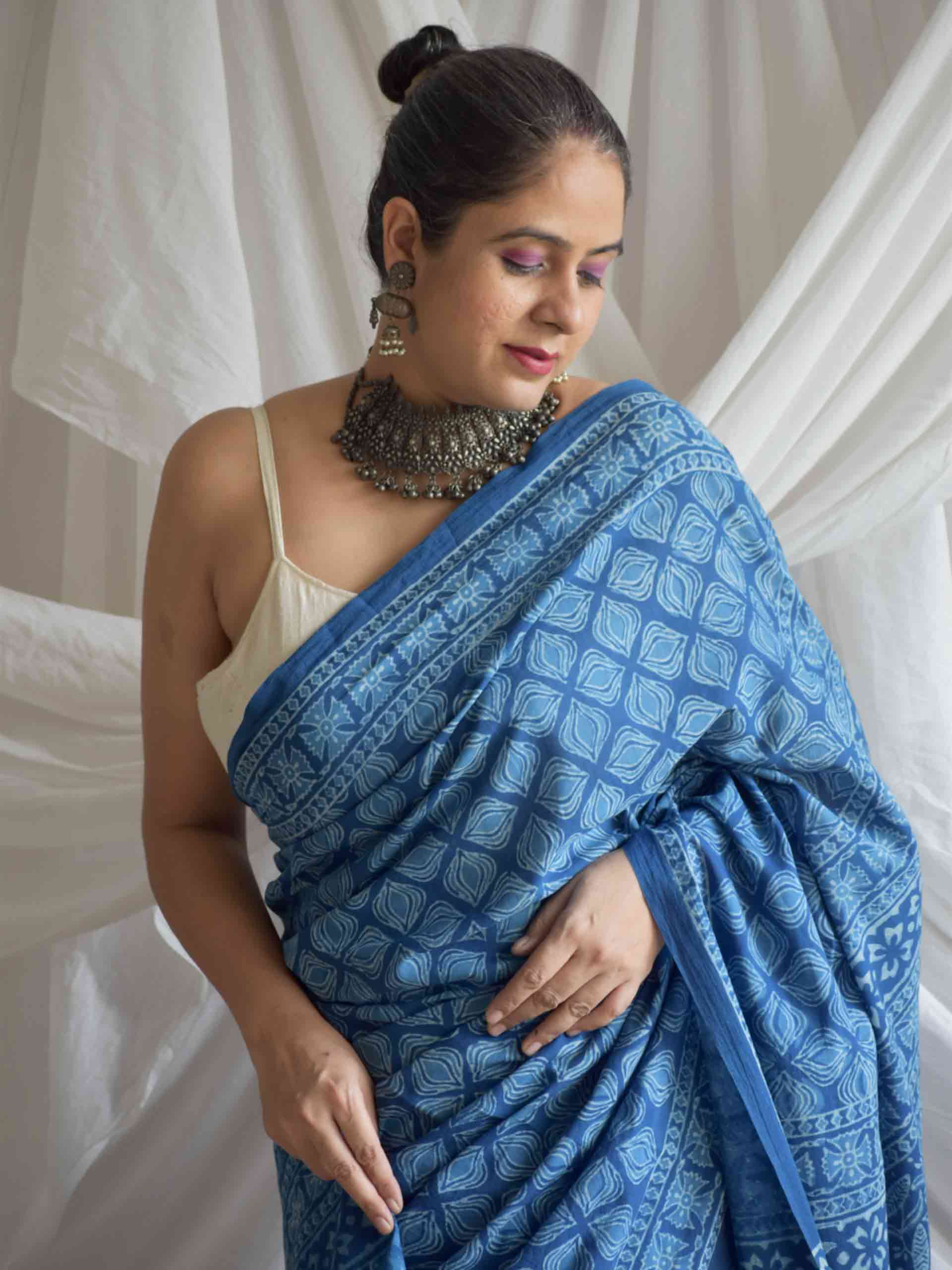Moringa Indigo mul cotton saree