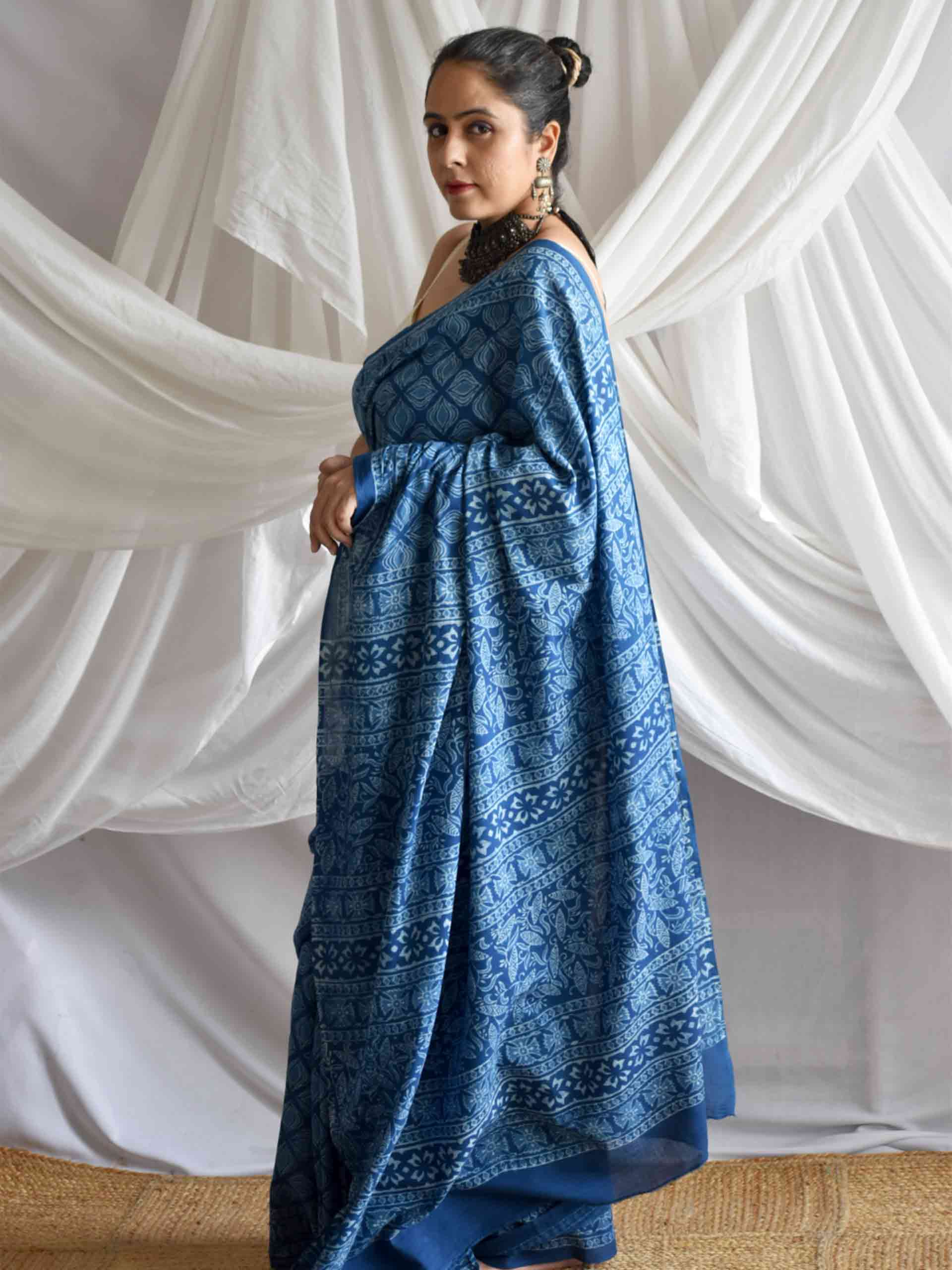 Moringa Indigo mul cotton saree