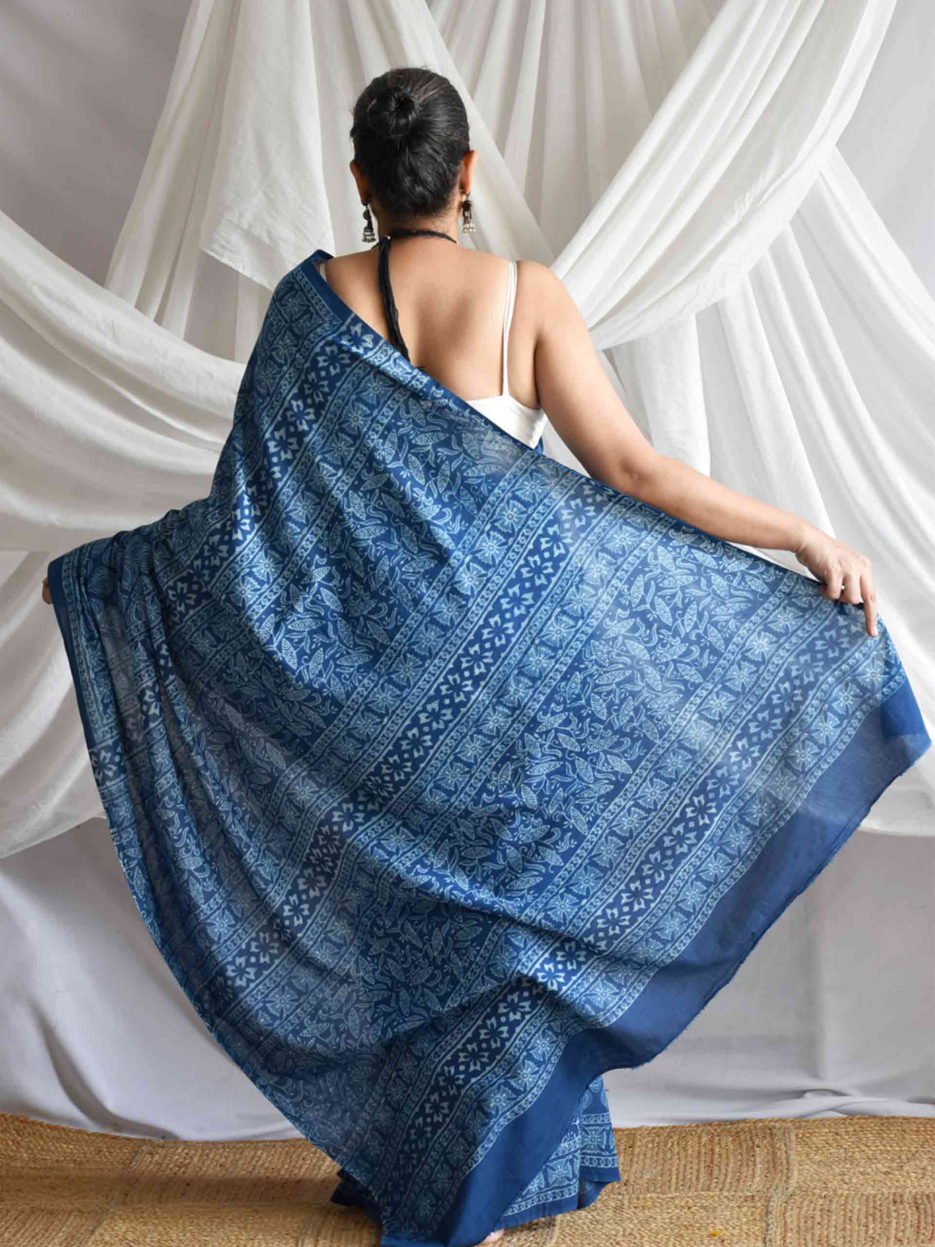 Moringa Indigo mul cotton saree