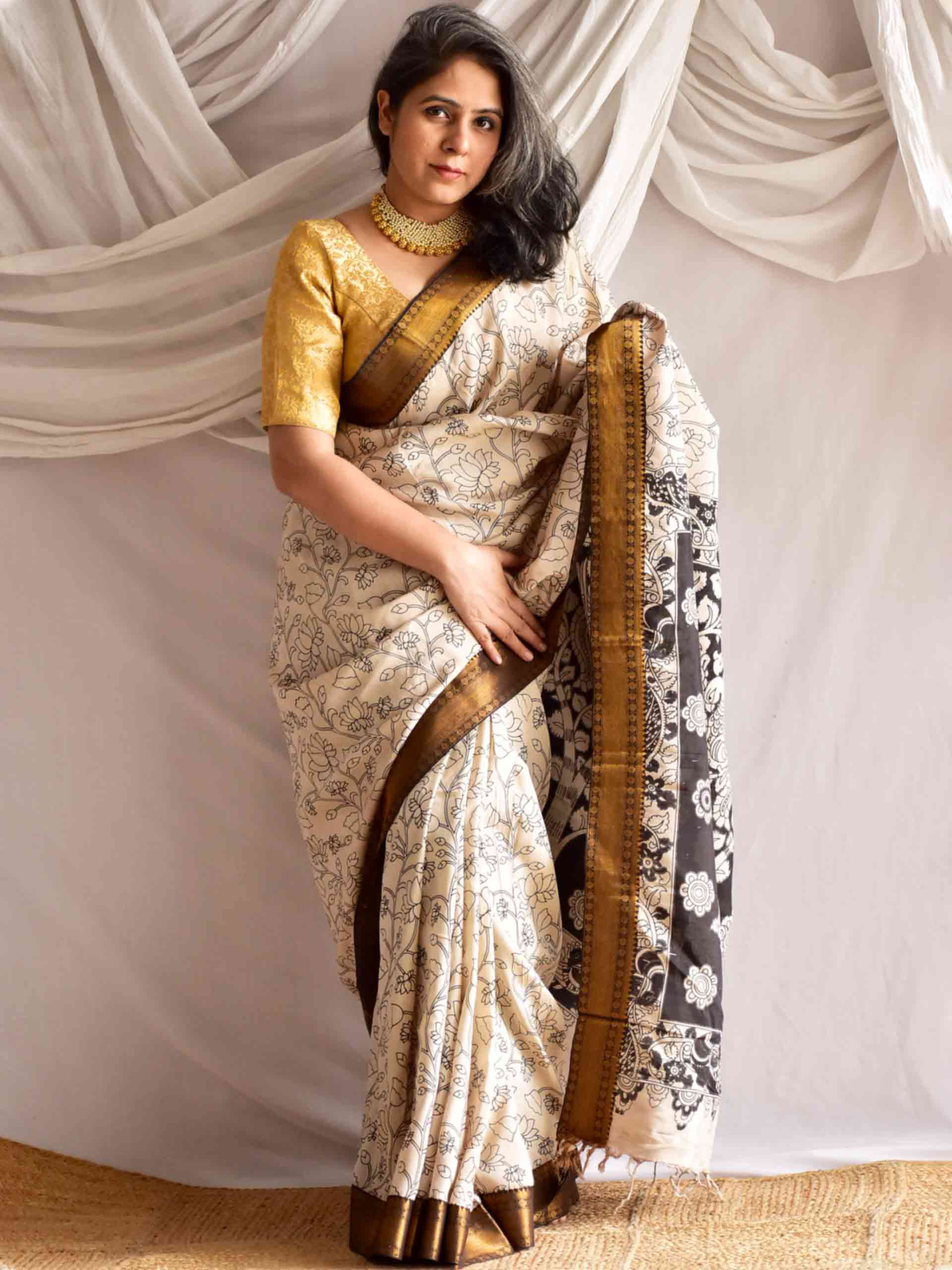 Rooprekha - kalamkari printed Bangalore Silk nizam border saree