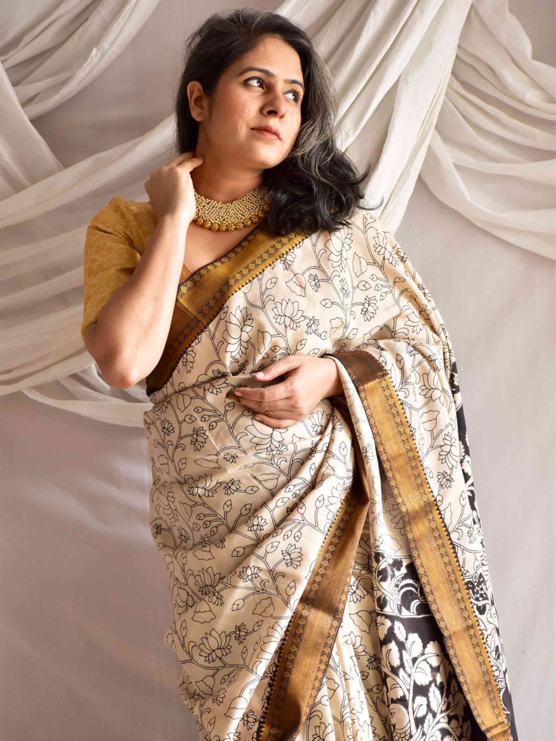 Rooprekha - kalamkari printed Bangalore Silk nizam border saree