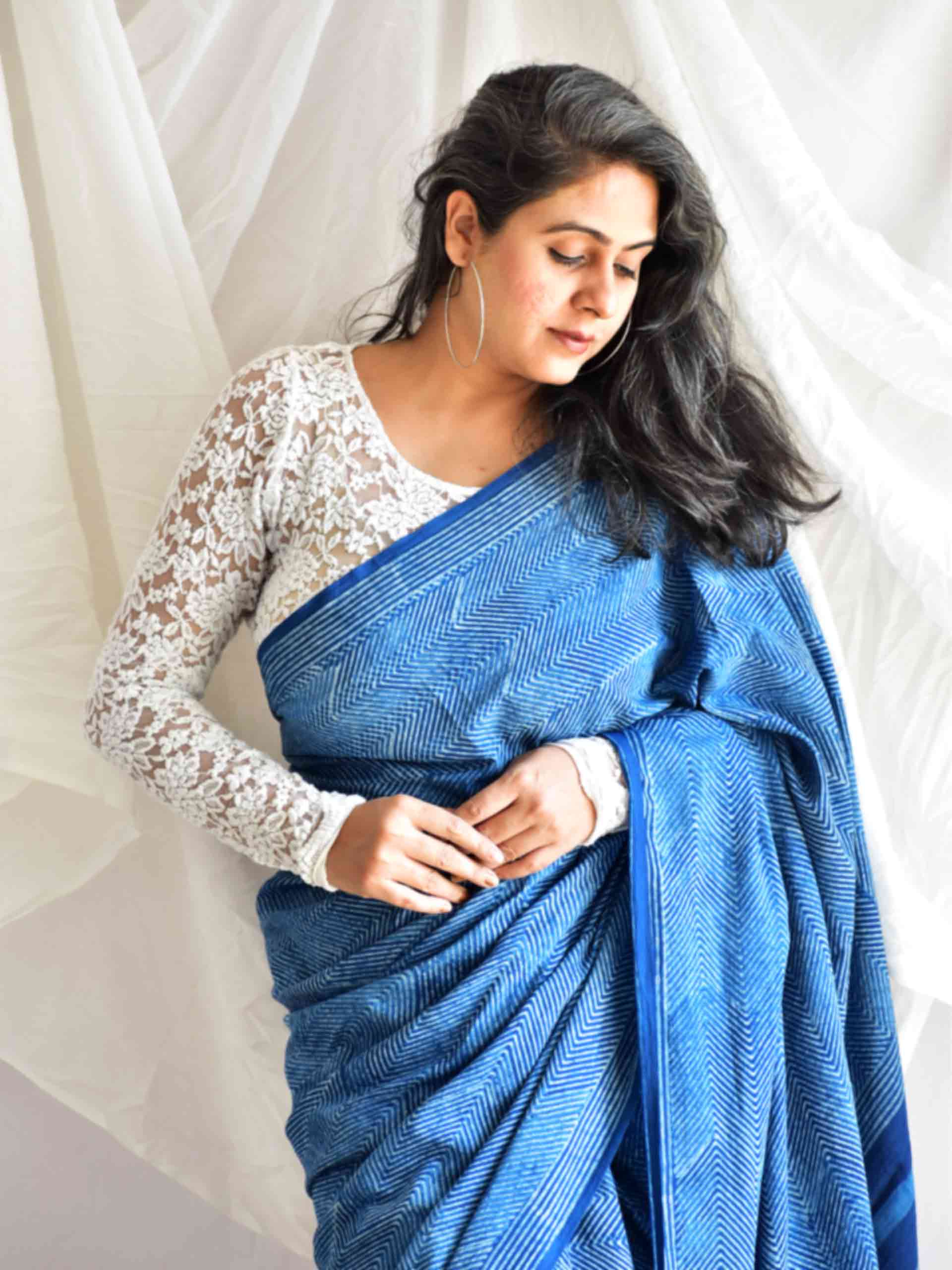 Shila Indigo mul cotton saree
