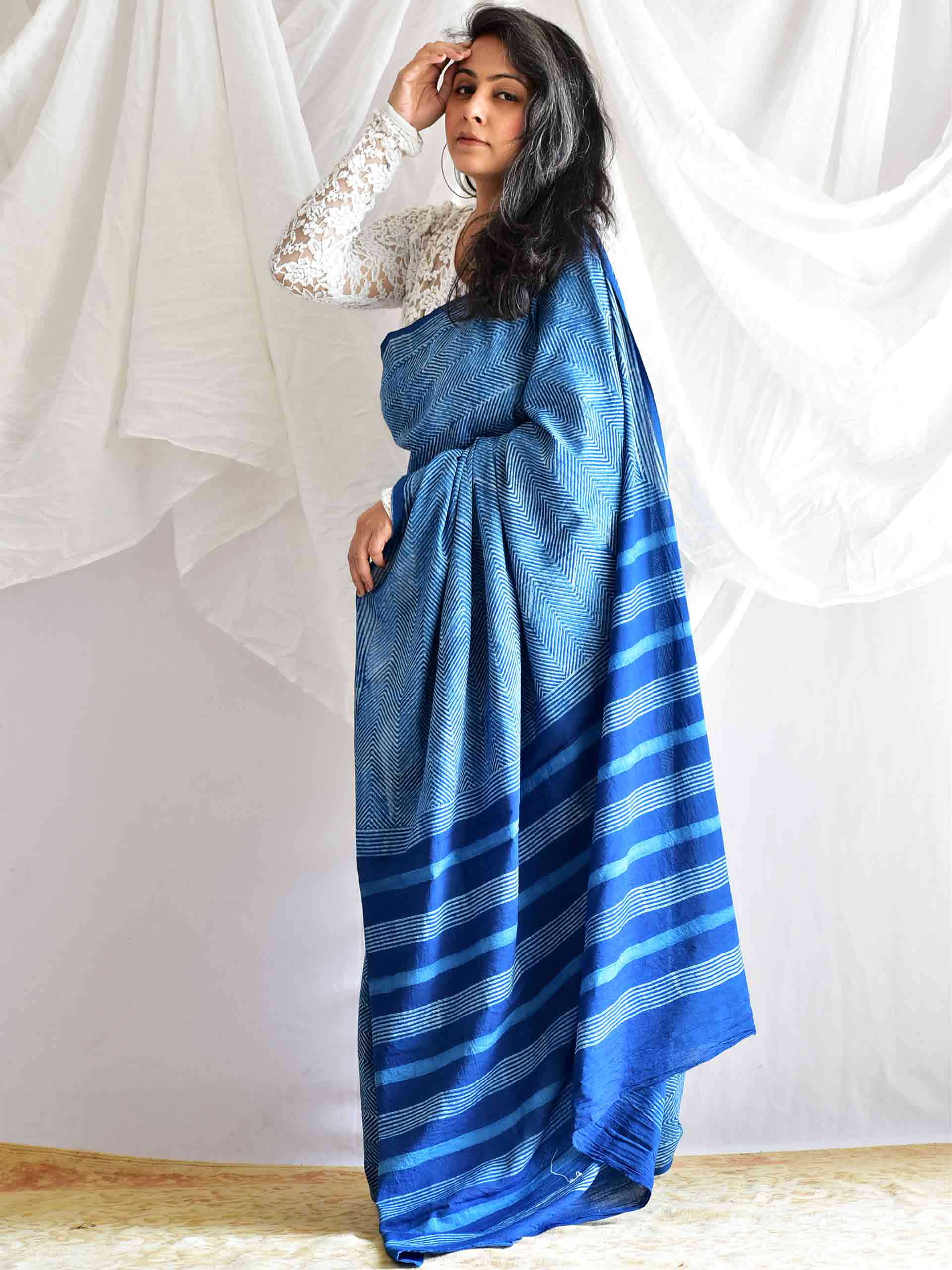 Shila Indigo mul cotton saree