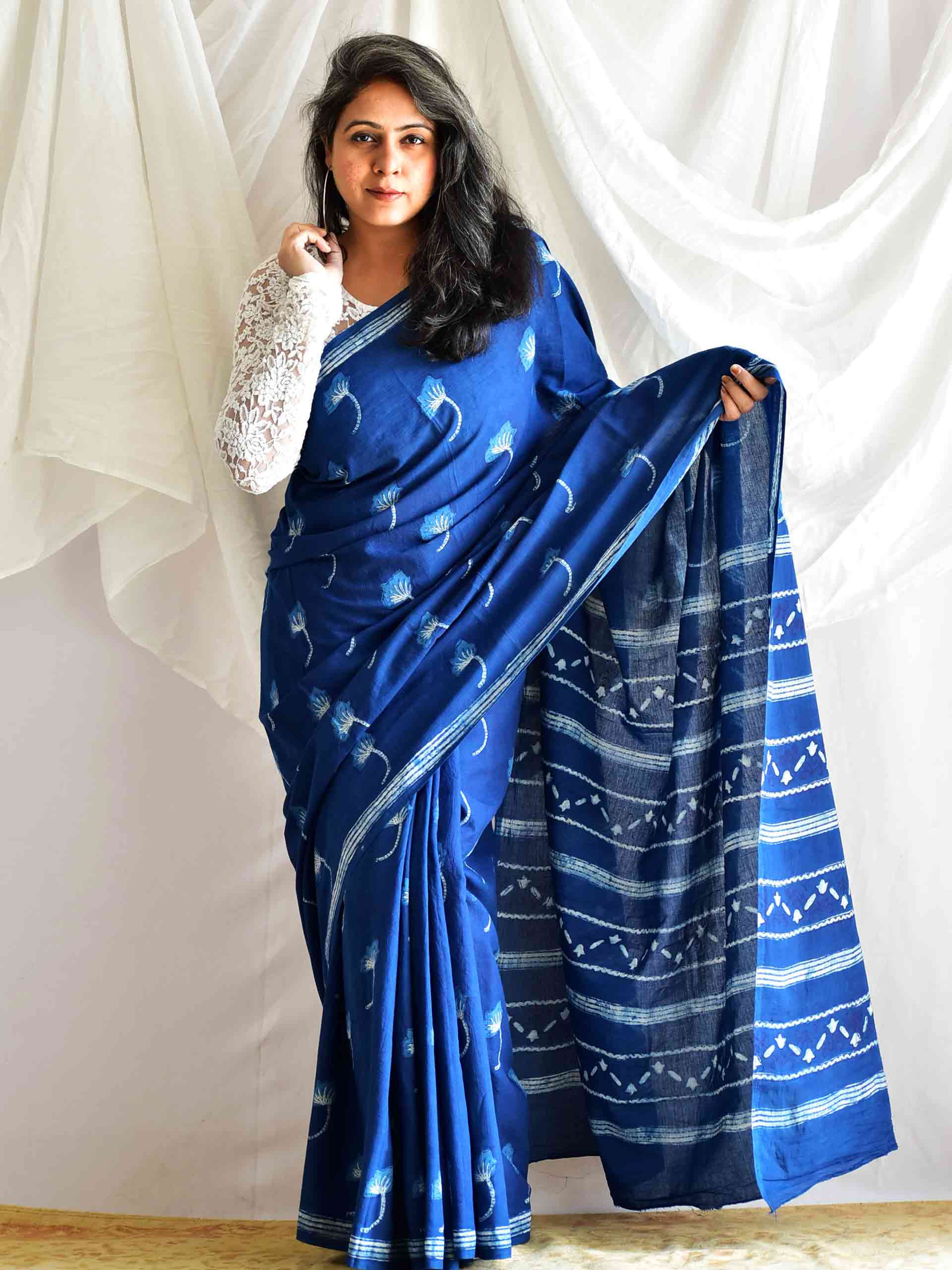Poppy Indigo mul cotton saree