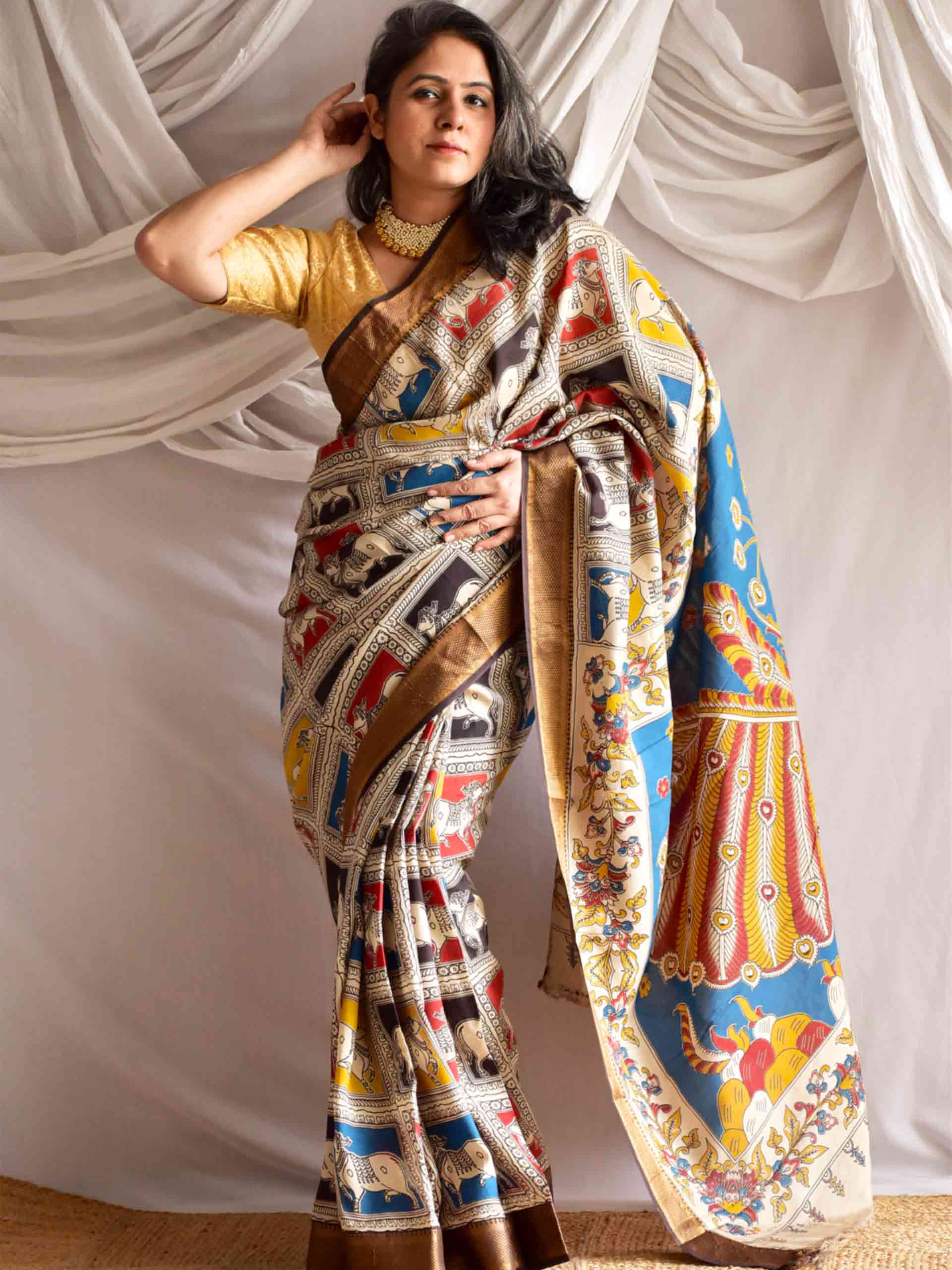 Pitaara - kalamkari printed Bangalore Silk nizam border saree