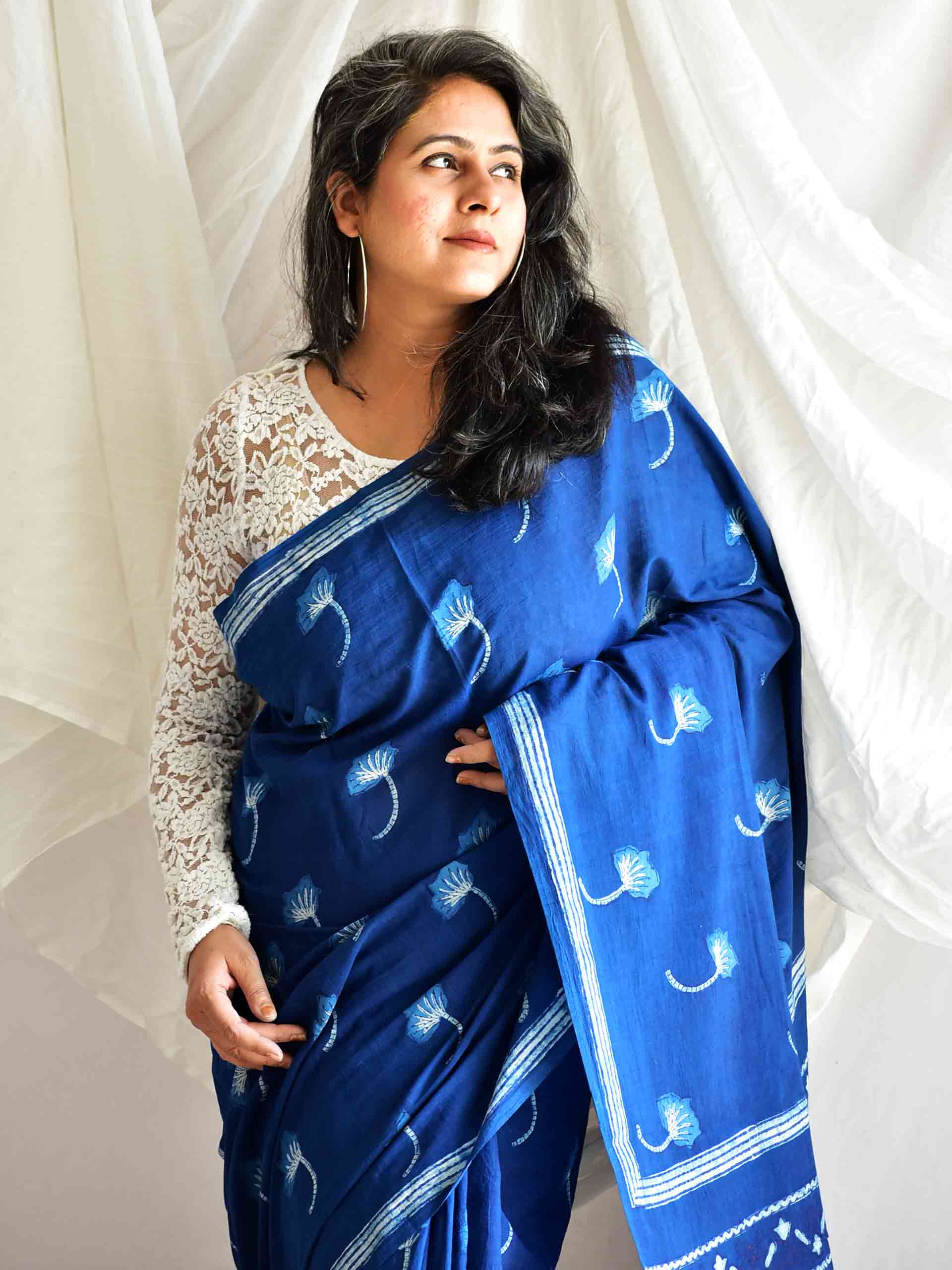 Poppy Indigo mul cotton saree