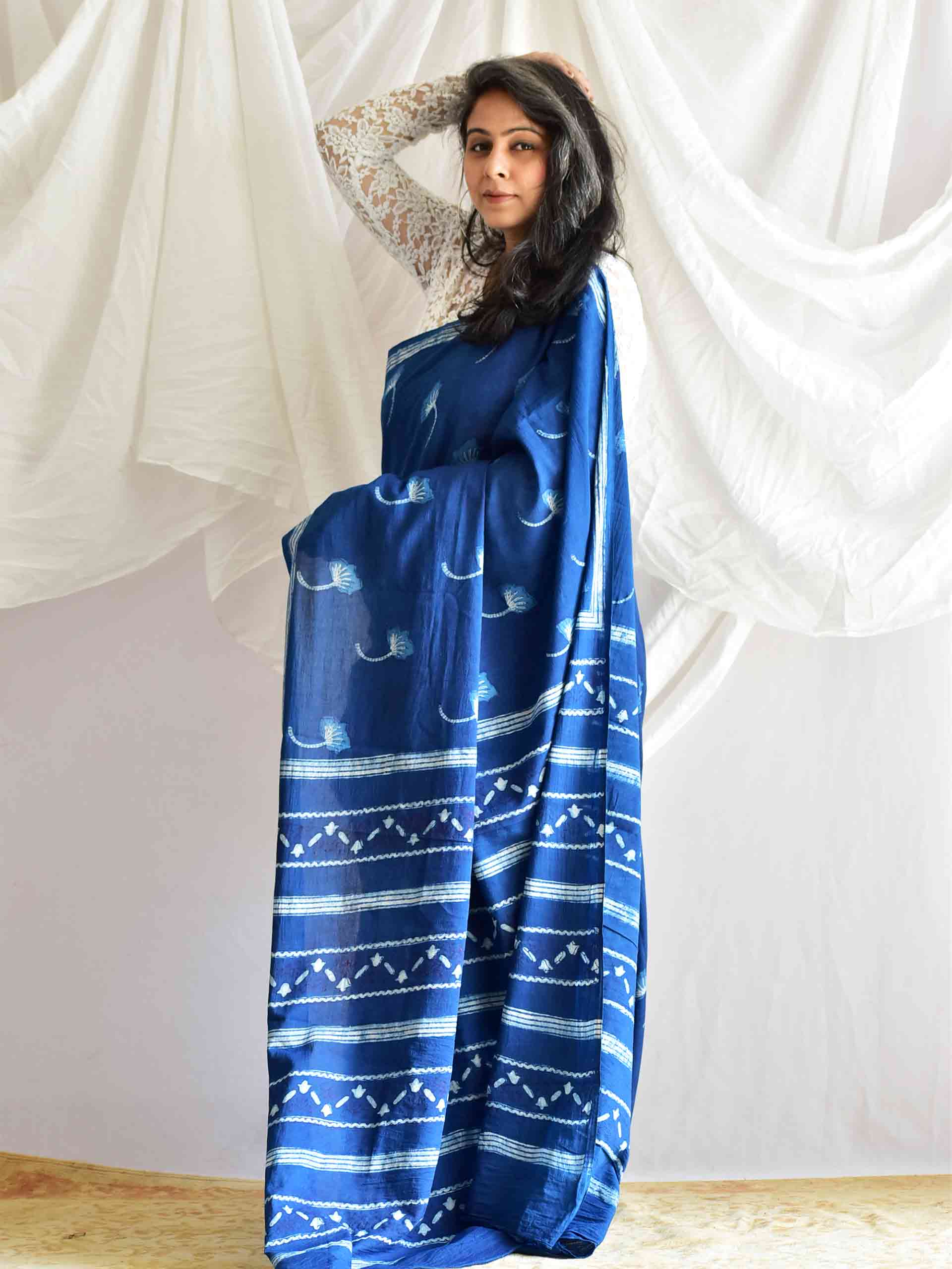 Poppy Indigo mul cotton saree