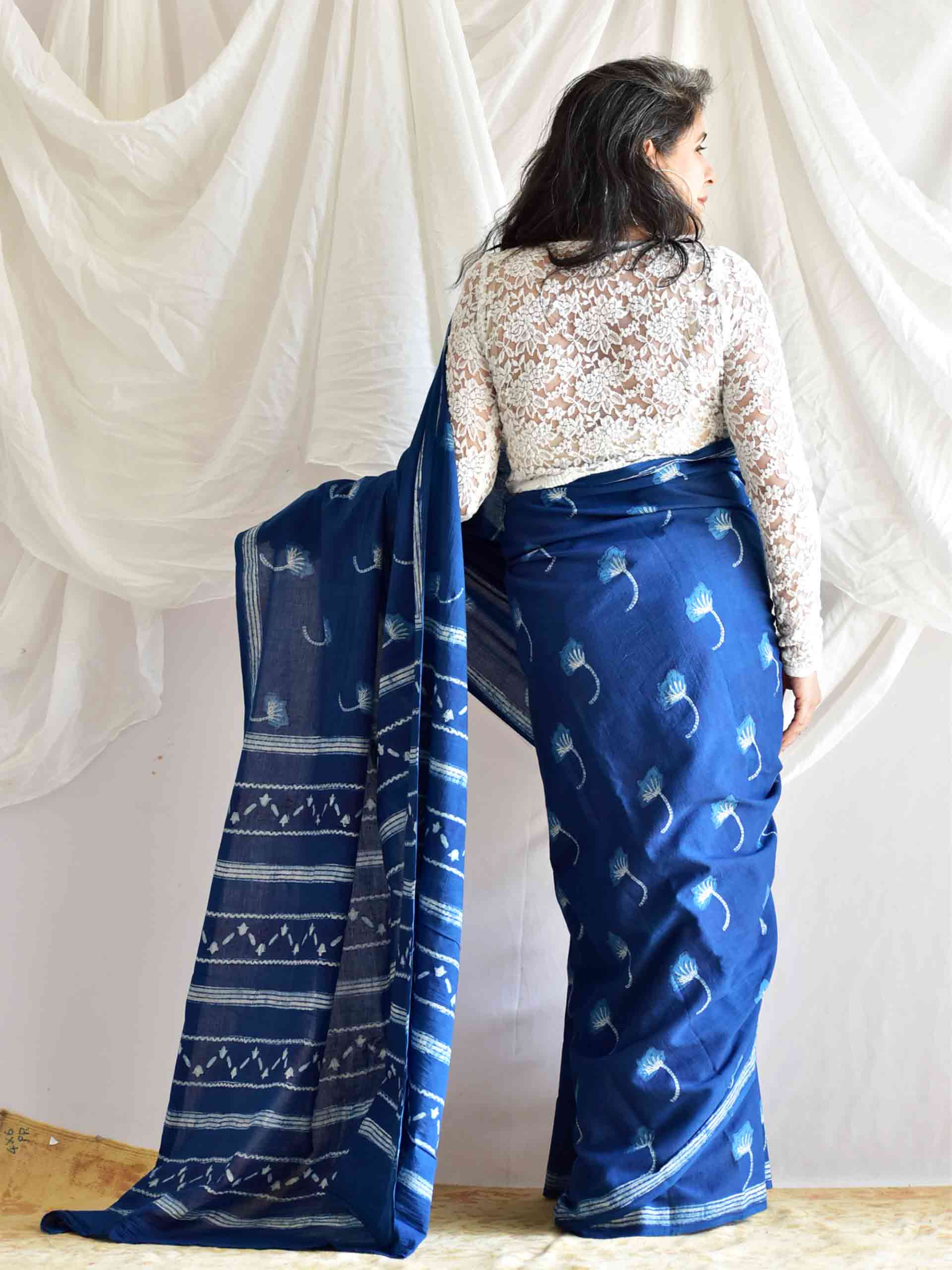 Poppy Indigo mul cotton saree