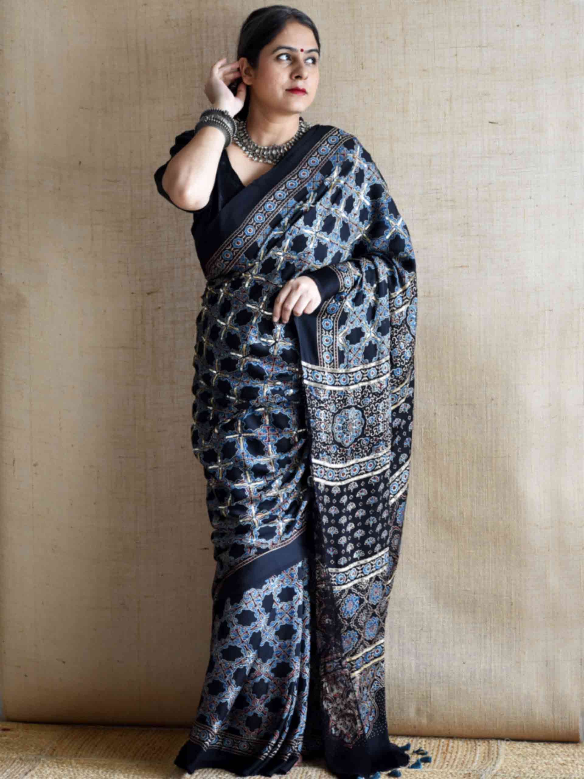 Mehtab - Ajrakh modal Silk hand embroidered Saree