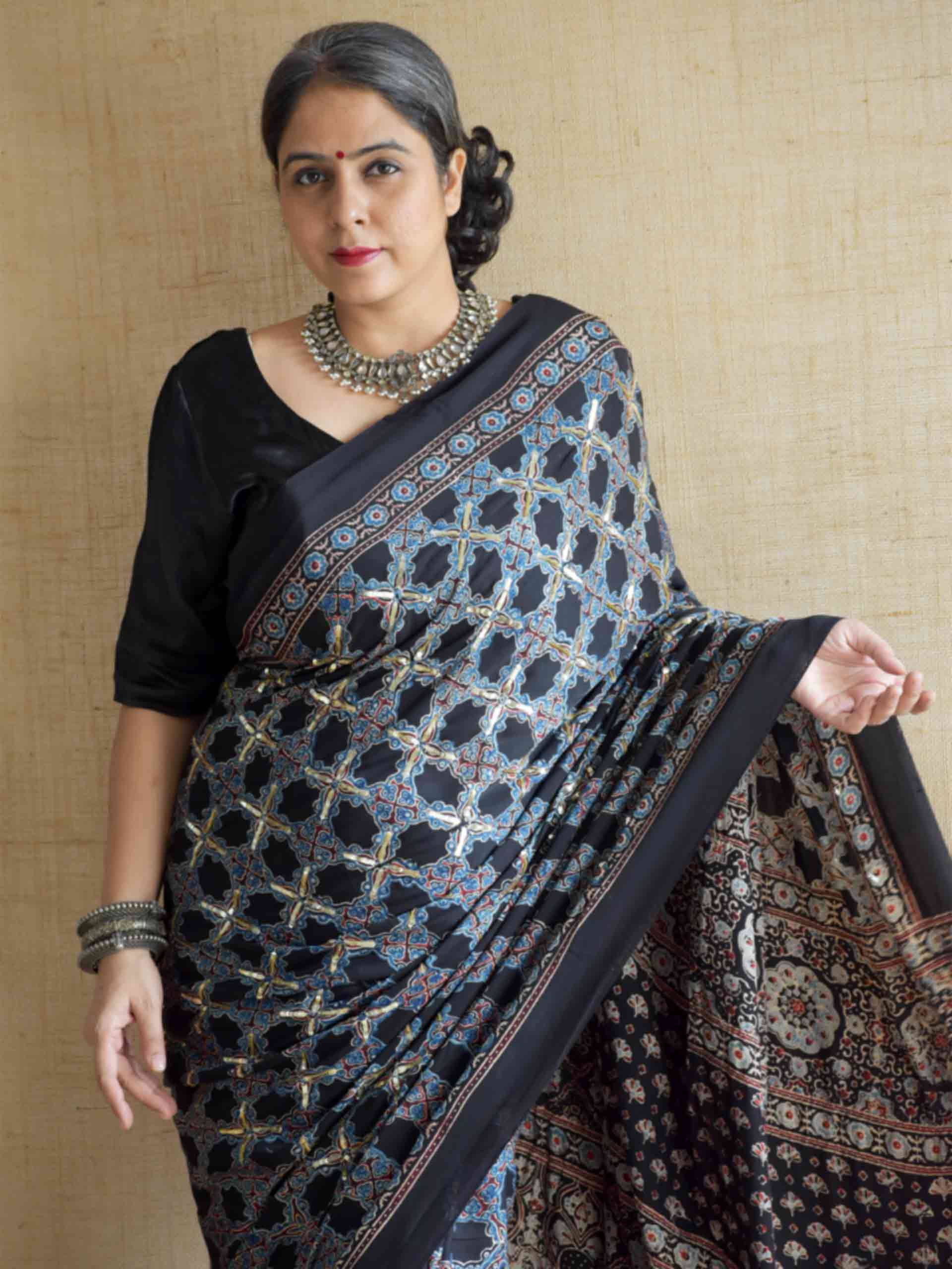 Mehtab - Ajrakh modal Silk hand embroidered Saree