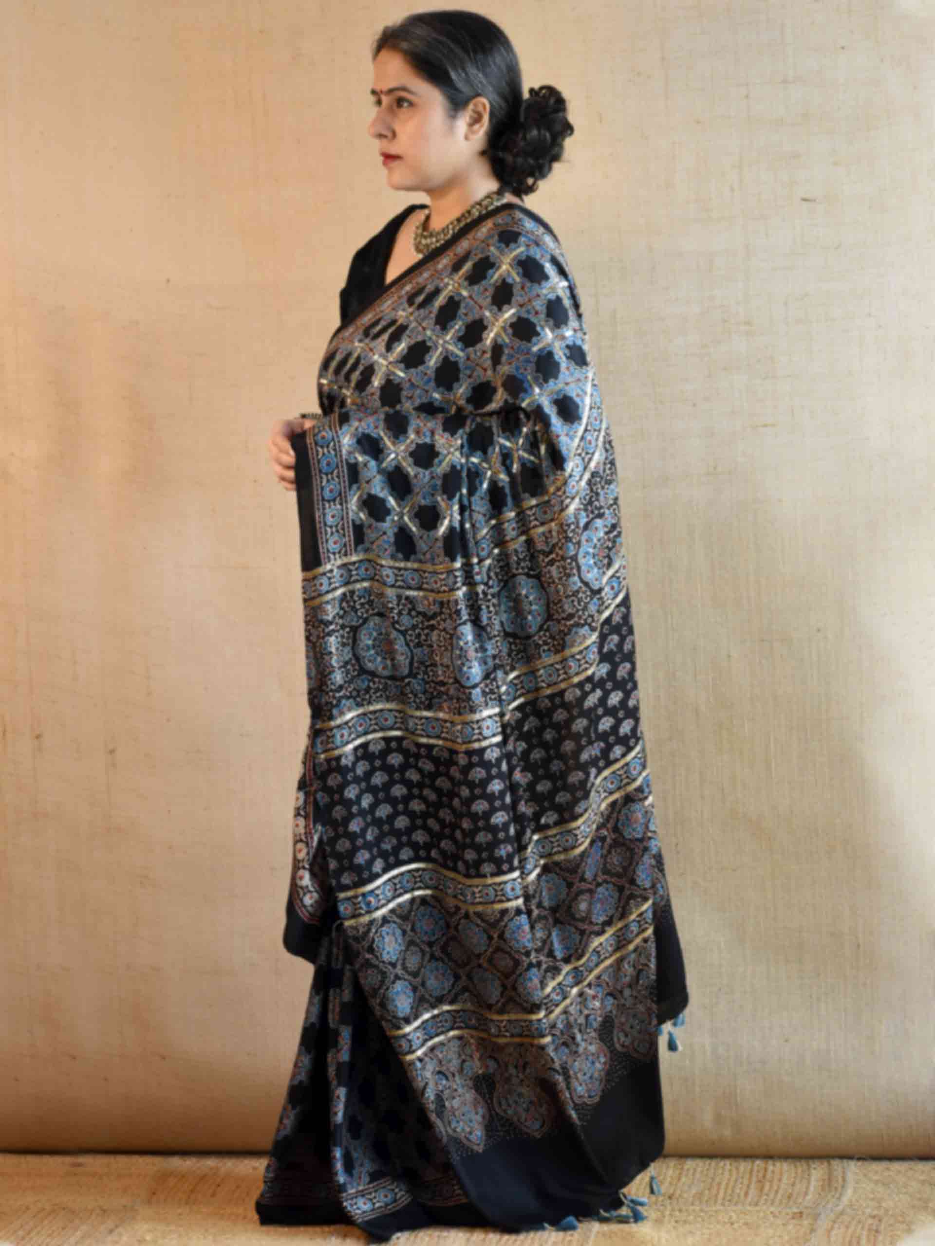 Mehtab - Ajrakh modal Silk hand embroidered Saree