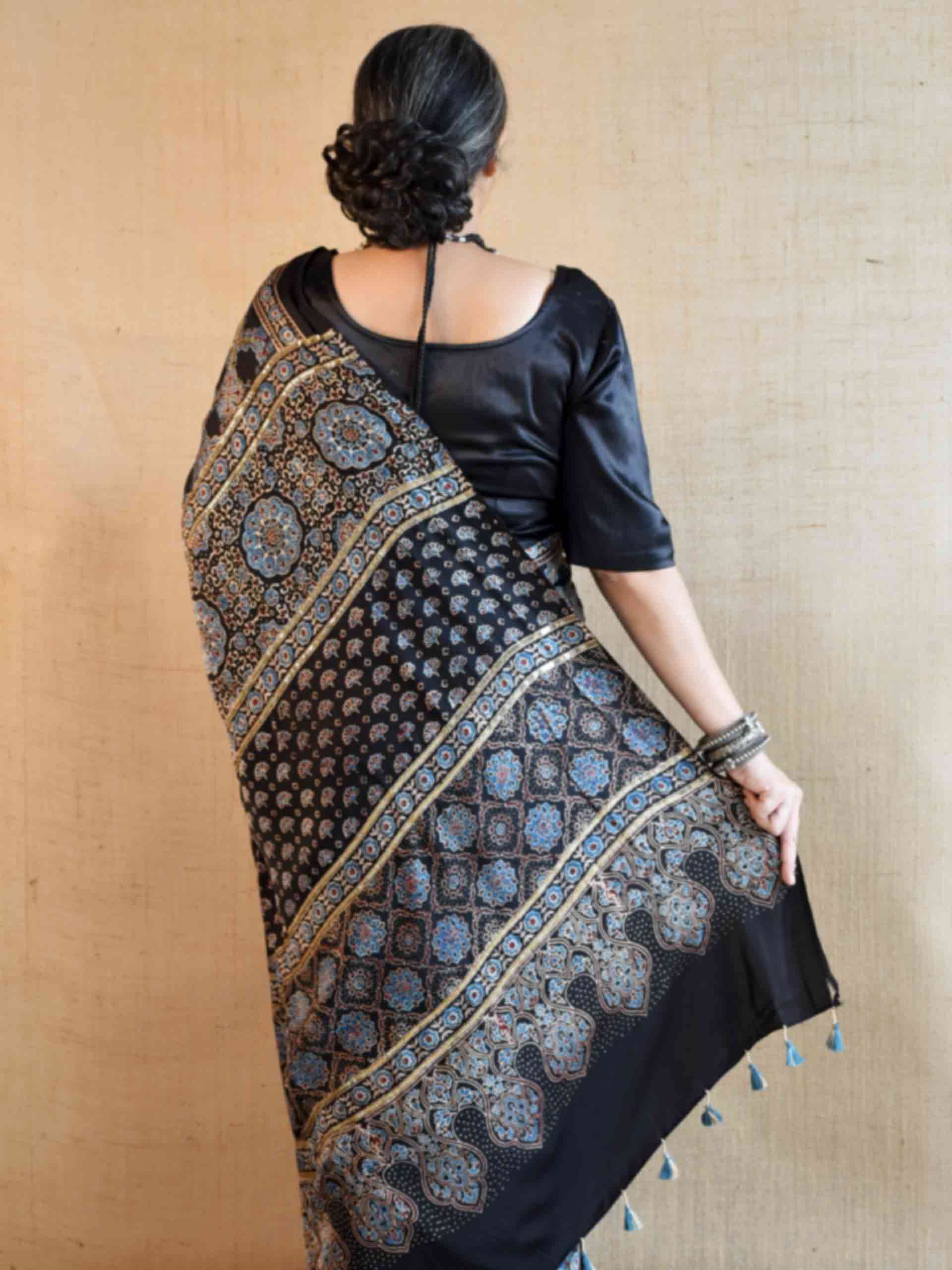Mehtab - Ajrakh modal Silk hand embroidered Saree