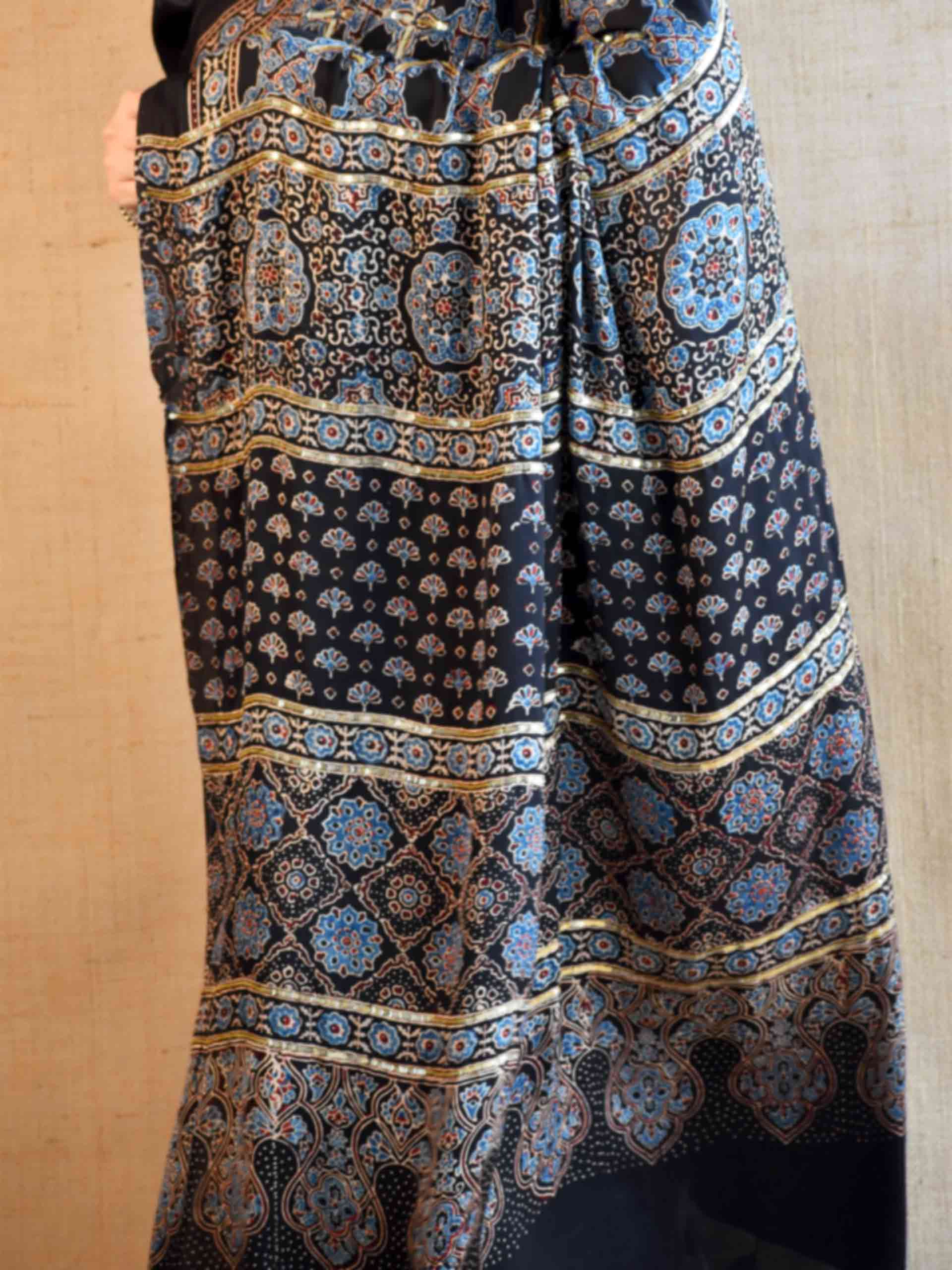 Mehtab - Ajrakh modal Silk hand embroidered Saree