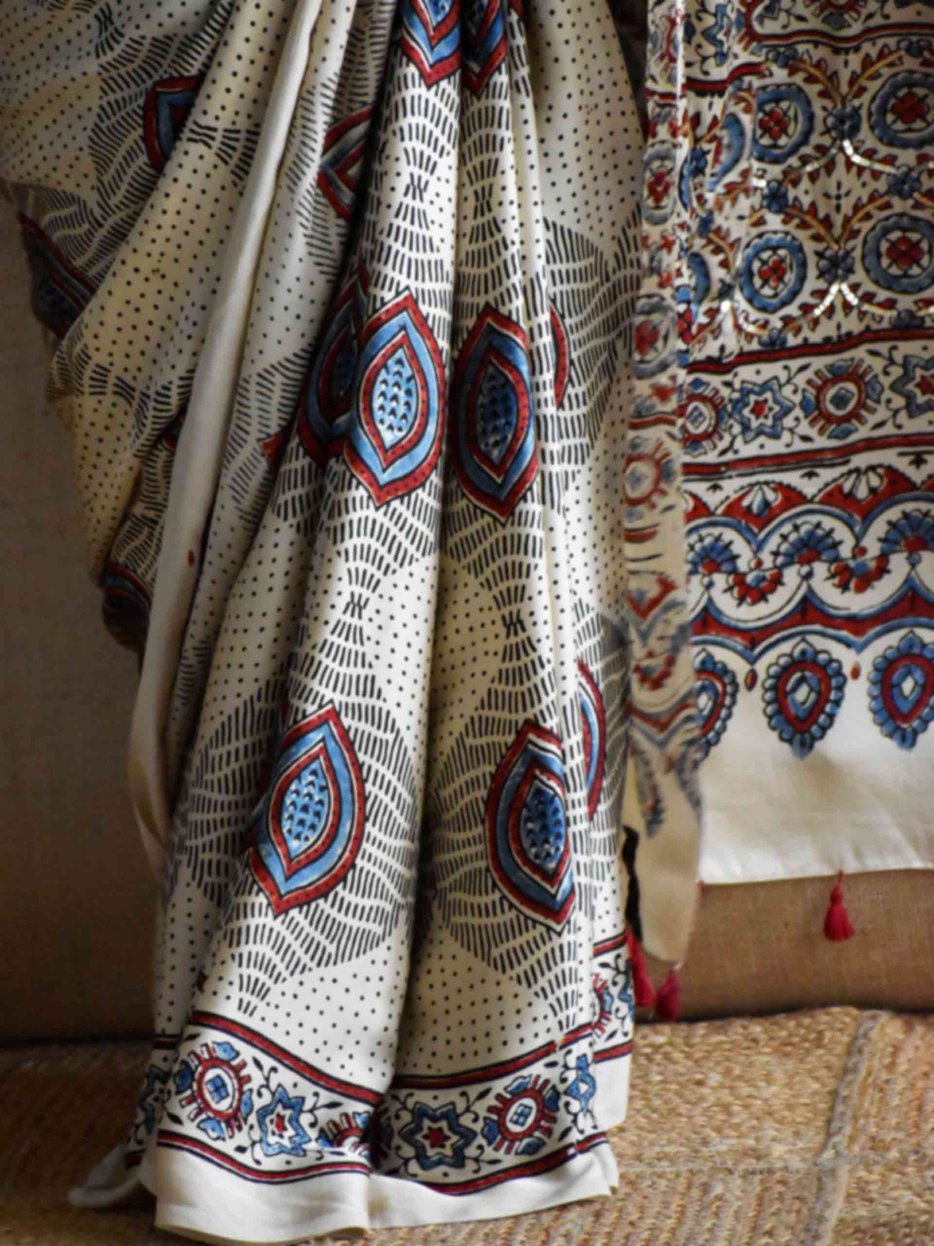 Nazm - Ajrakh modal Silk hand embroidered Saree