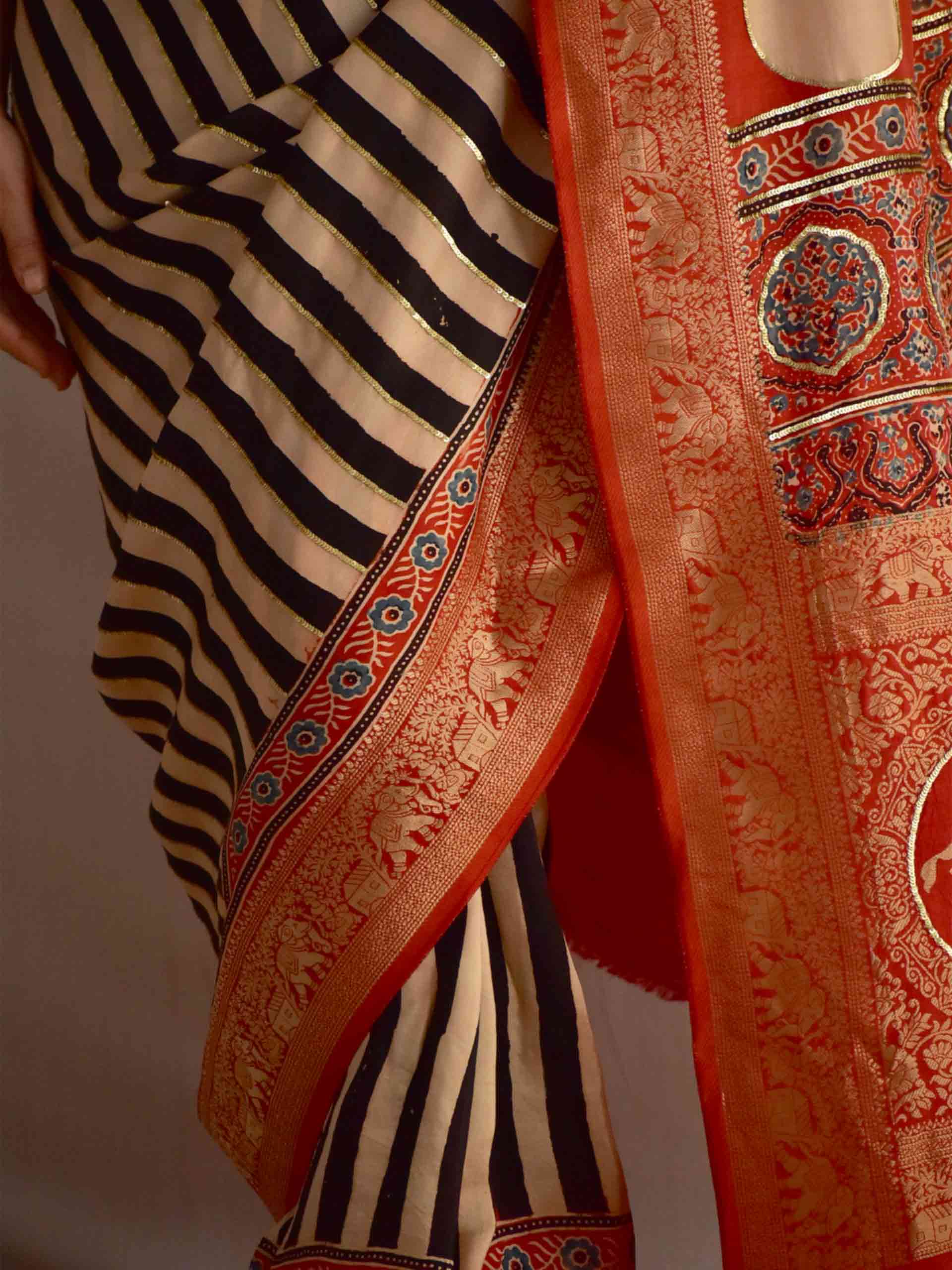 Stripe Beauty - Ajrakh Dola Silk hand embroidered Saree