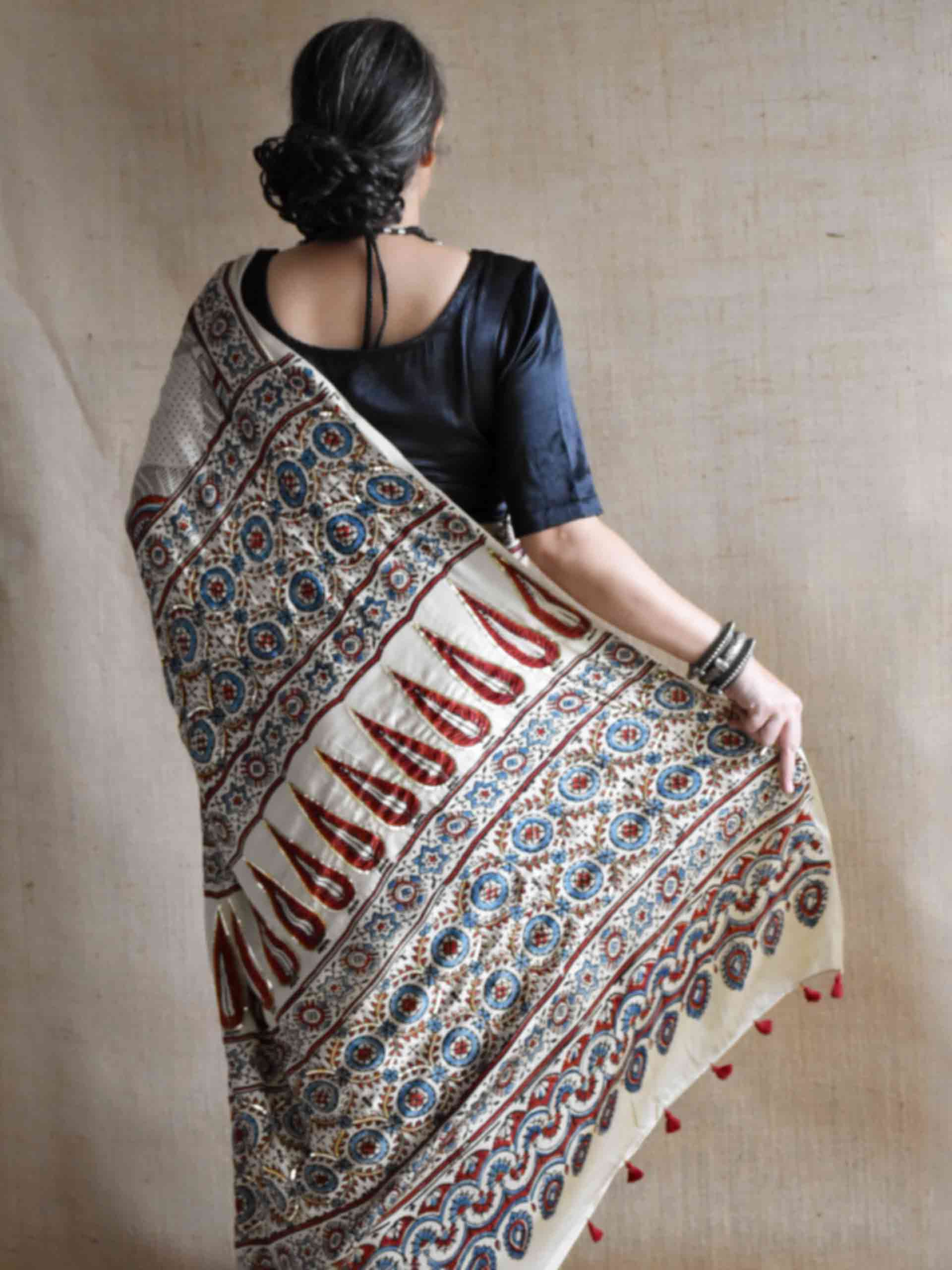 Nazm - Ajrakh modal Silk hand embroidered Saree