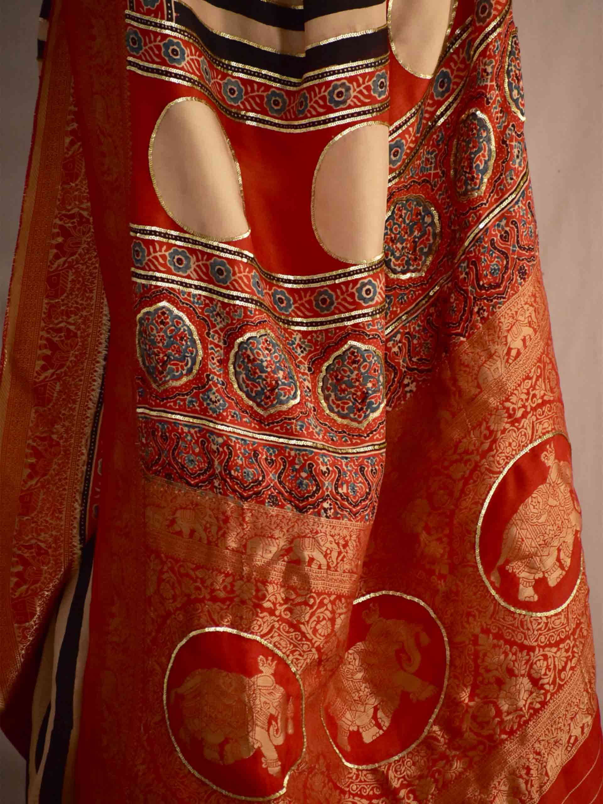Stripe Beauty - Ajrakh Dola Silk hand embroidered Saree