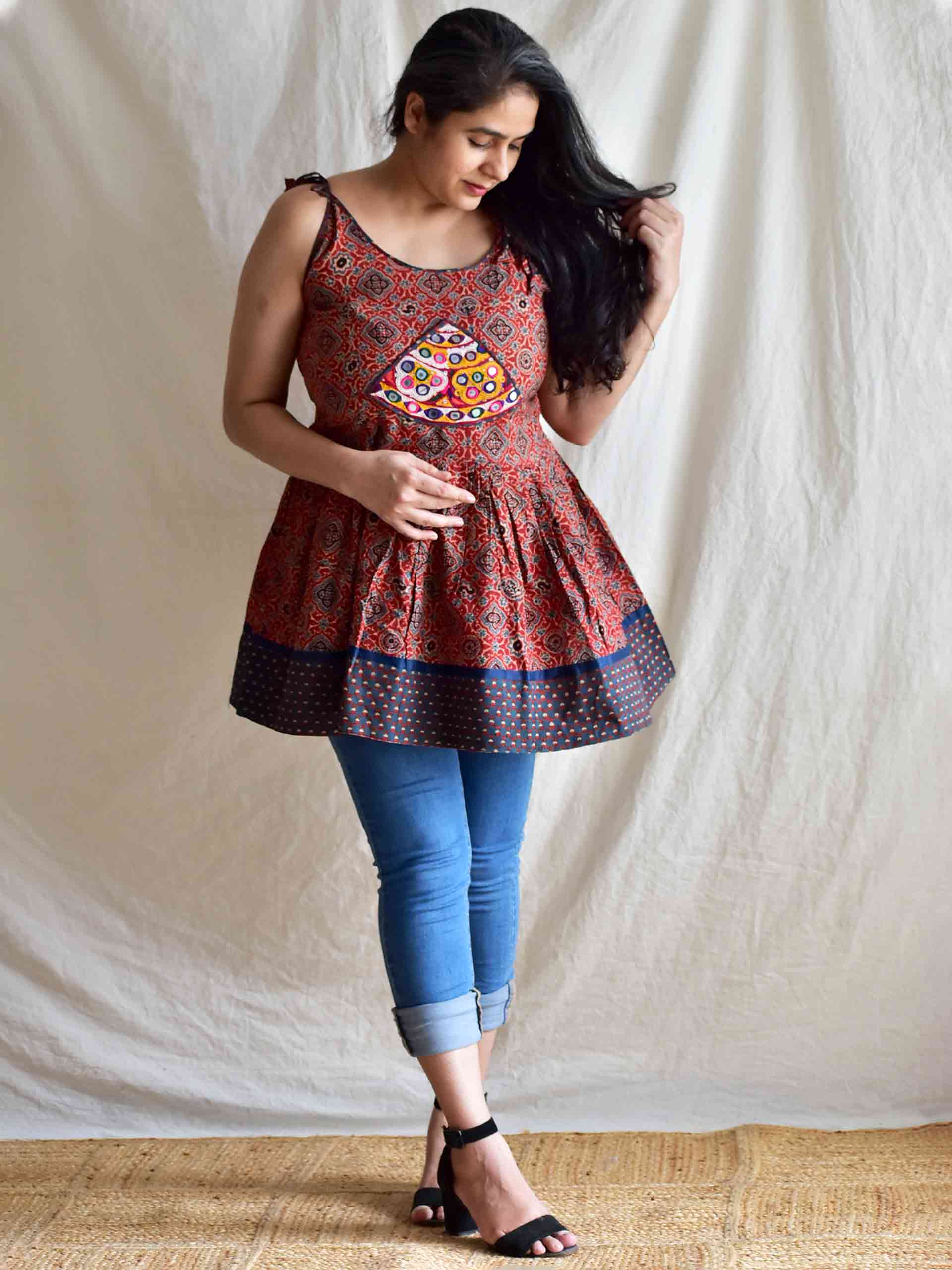Kumudini - Ajrakh hand embroidered Top