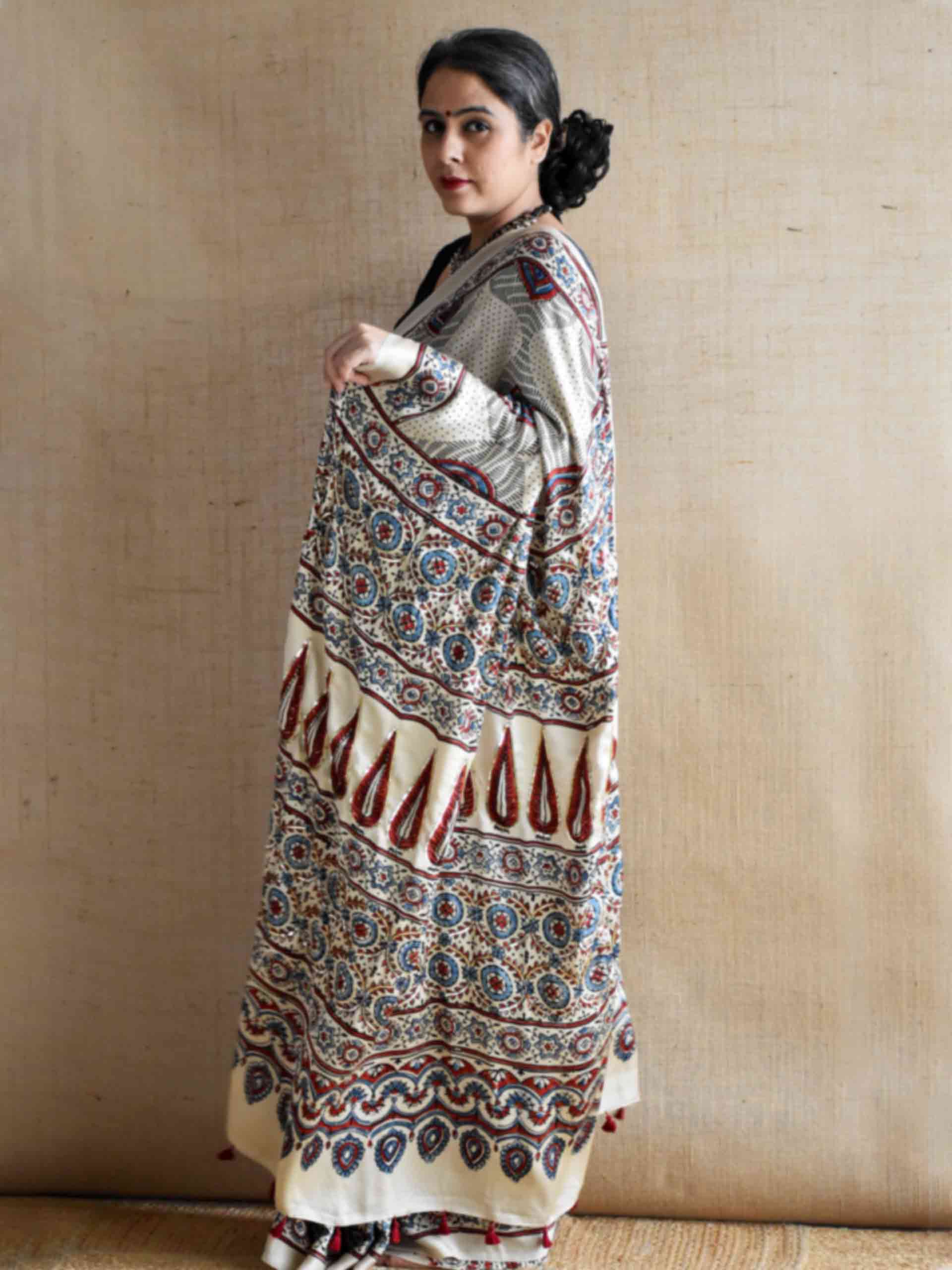 Nazm - Ajrakh modal Silk hand embroidered Saree