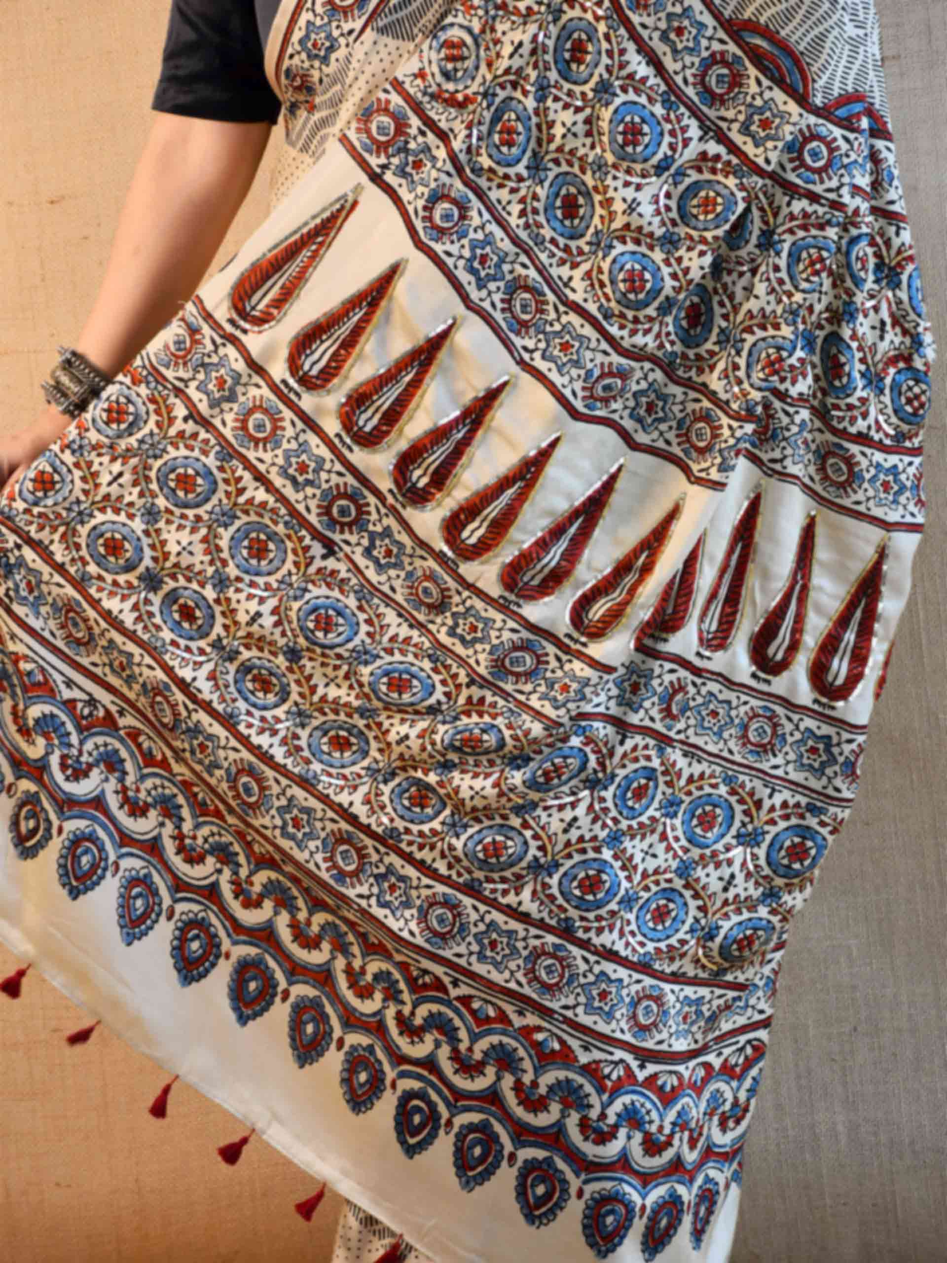 Nazm - Ajrakh modal Silk hand embroidered Saree