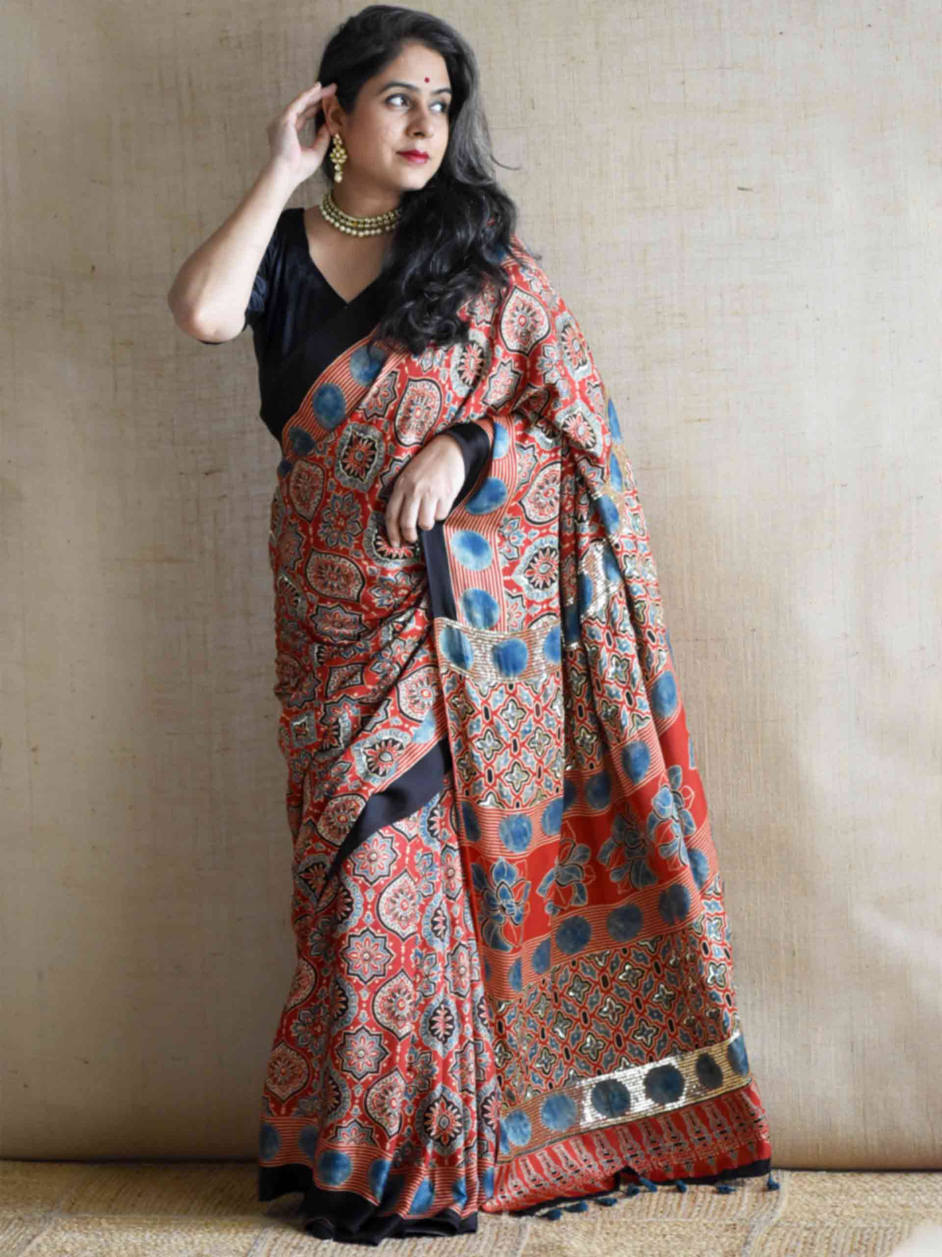 Surkh-e-Gul - Ajrakh modal Silk hand embroidered Saree