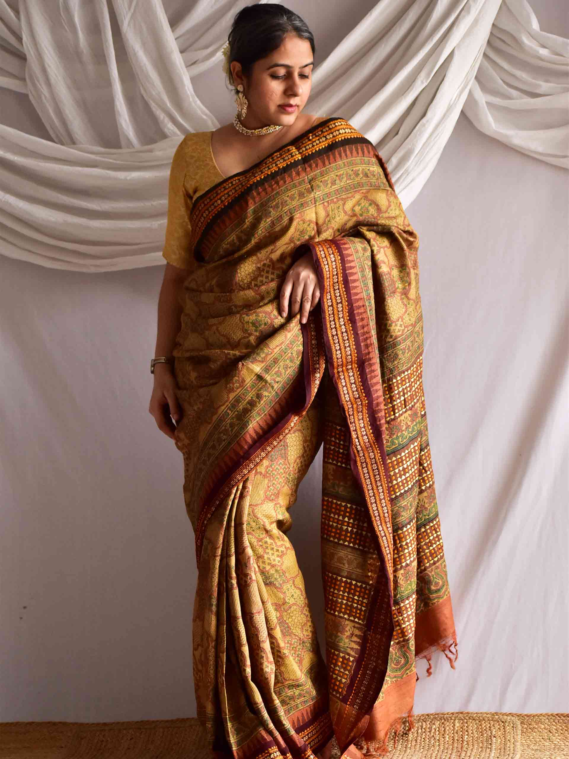 Medha - Ajrakh handwoven tussar silk saree