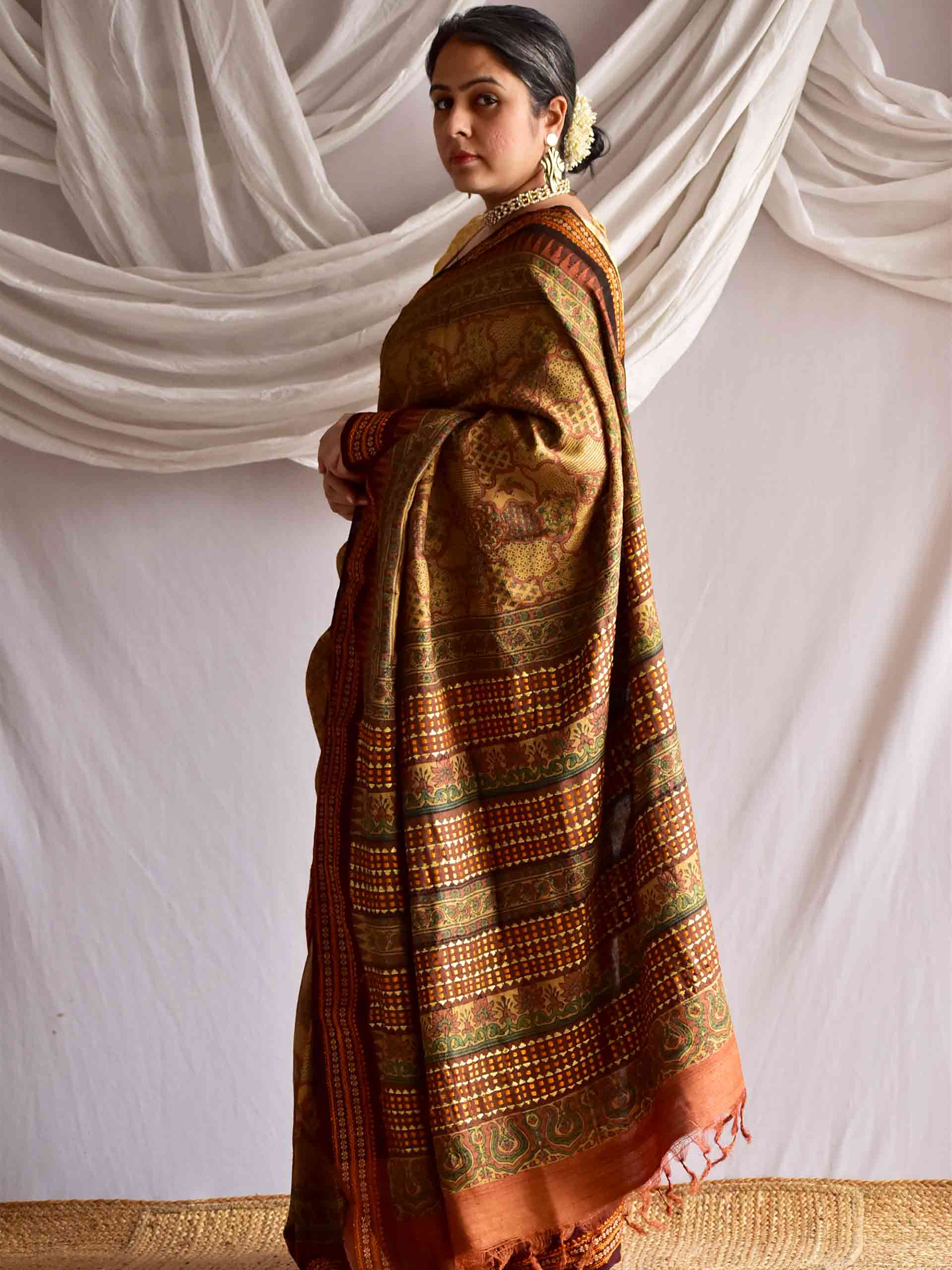 Medha - Ajrakh handwoven tussar silk saree
