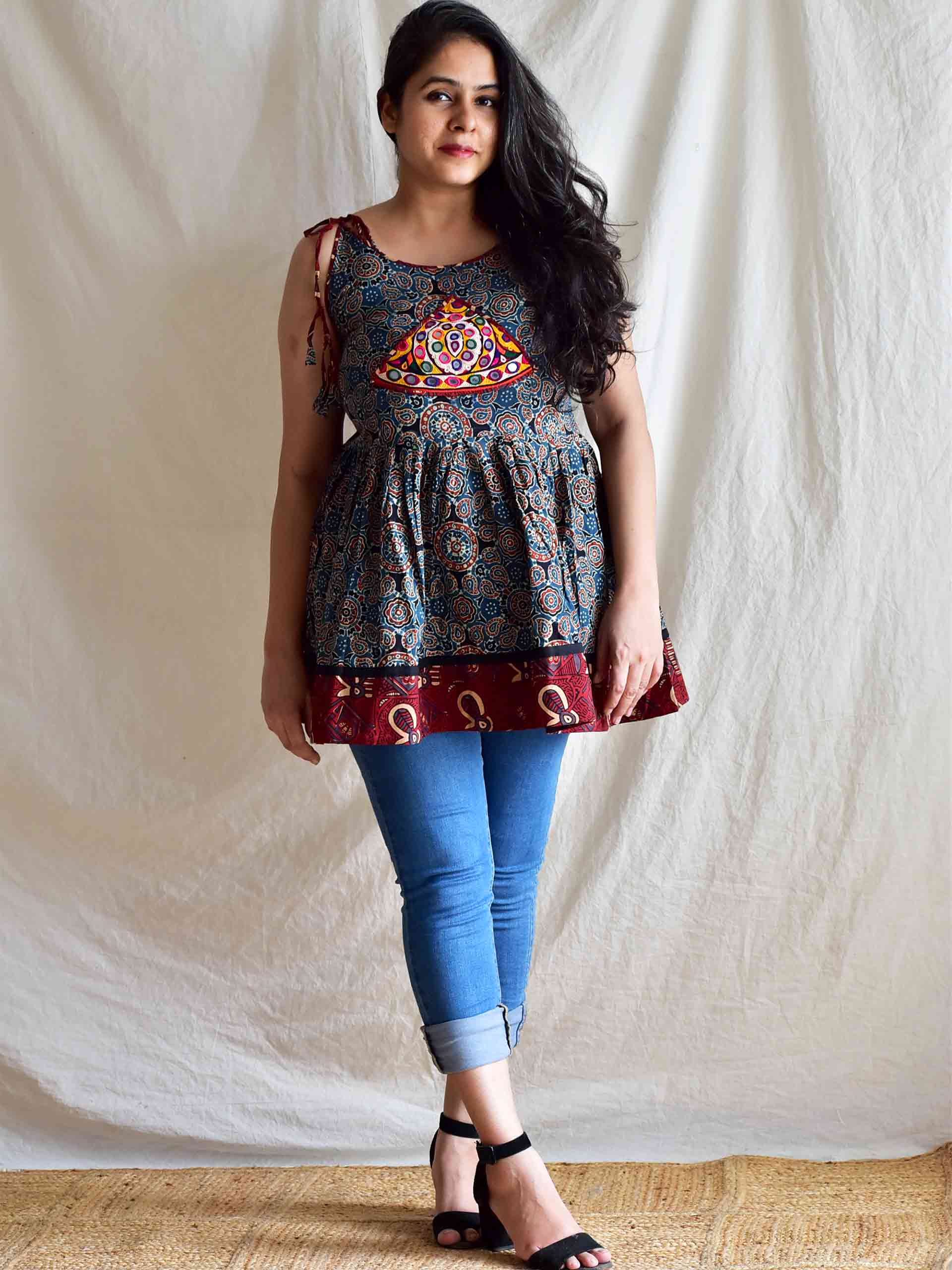 Raina - Ajrakh hand embroidered Top