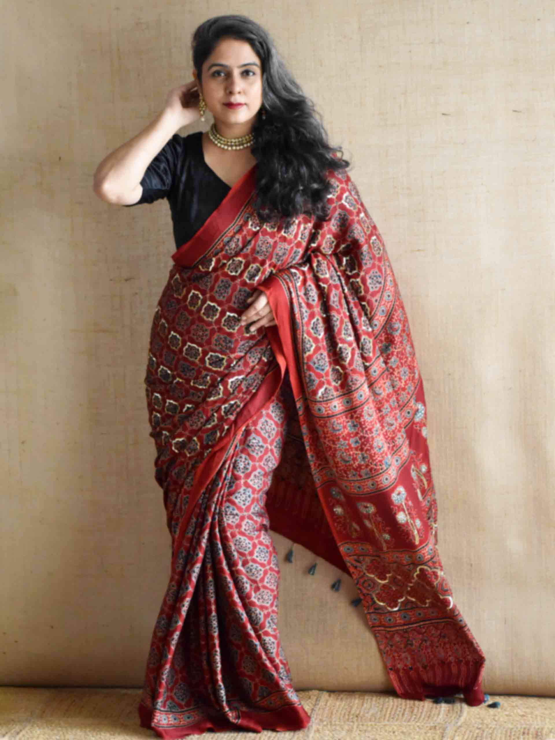 Gulzar - Ajrakh modal Silk hand embroidered Saree