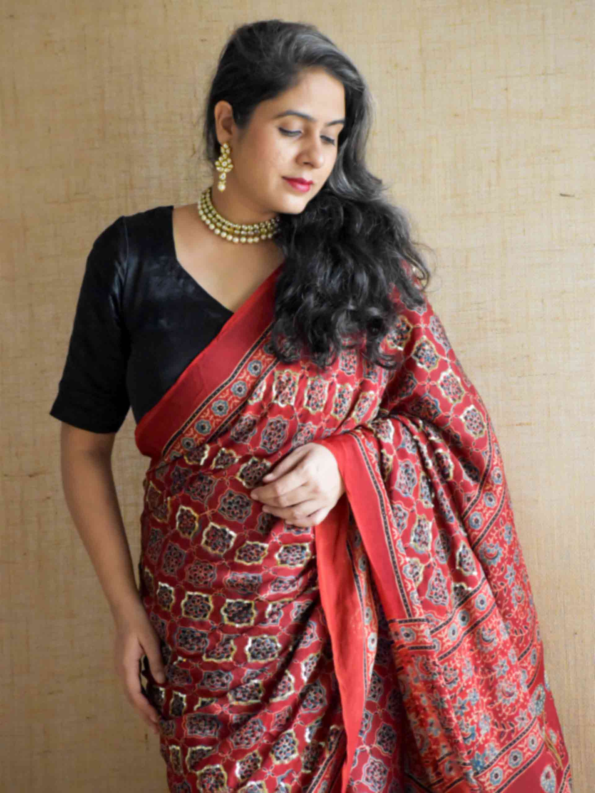 Gulzar - Ajrakh modal Silk hand embroidered Saree