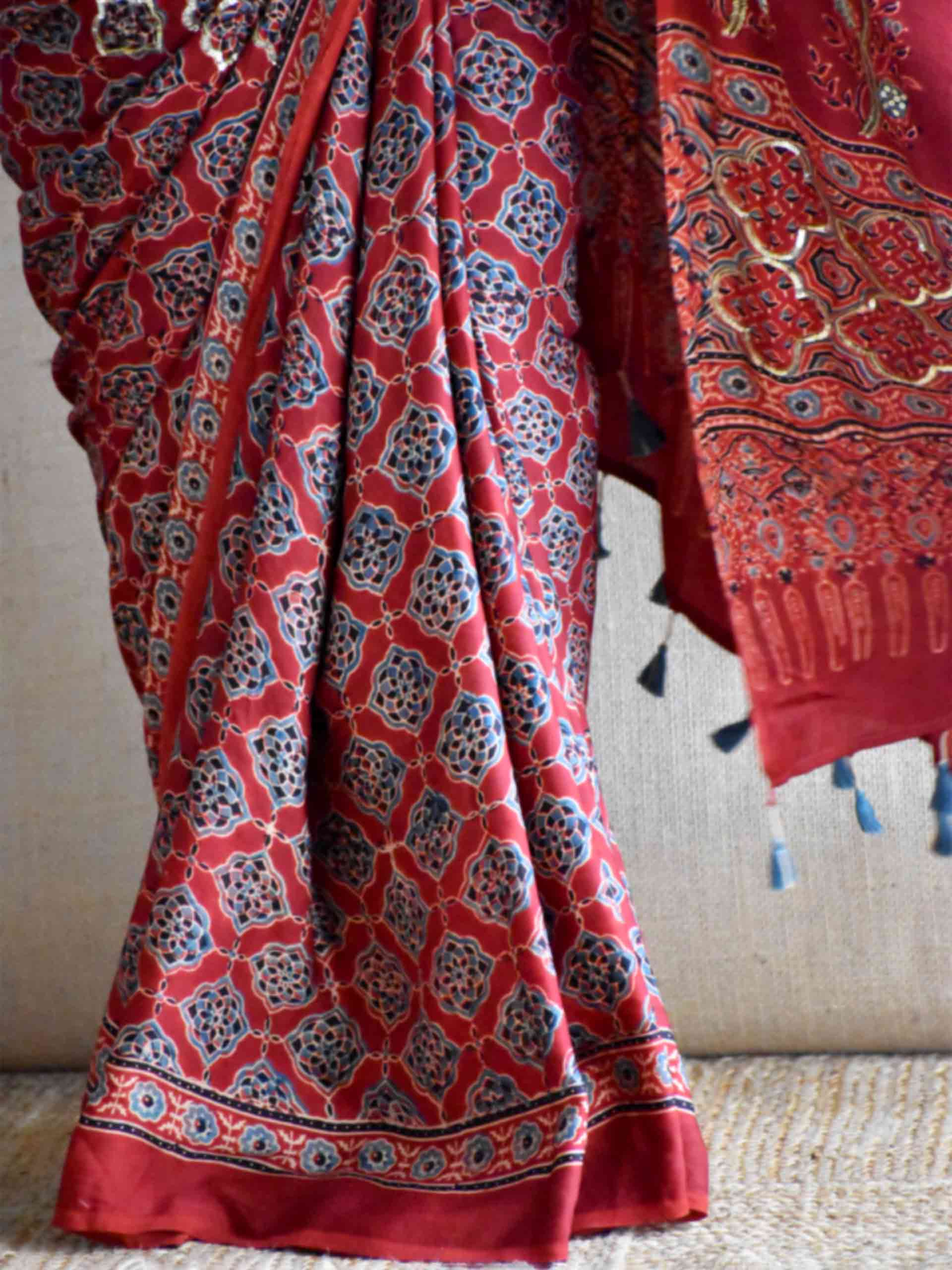 Gulzar - Ajrakh modal Silk hand embroidered Saree