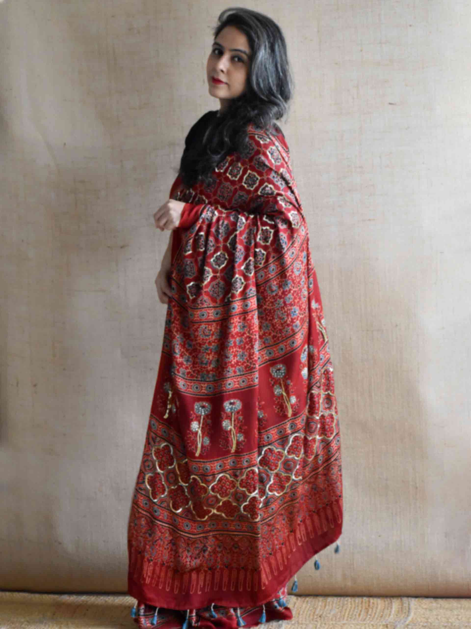 Gulzar - Ajrakh modal Silk hand embroidered Saree