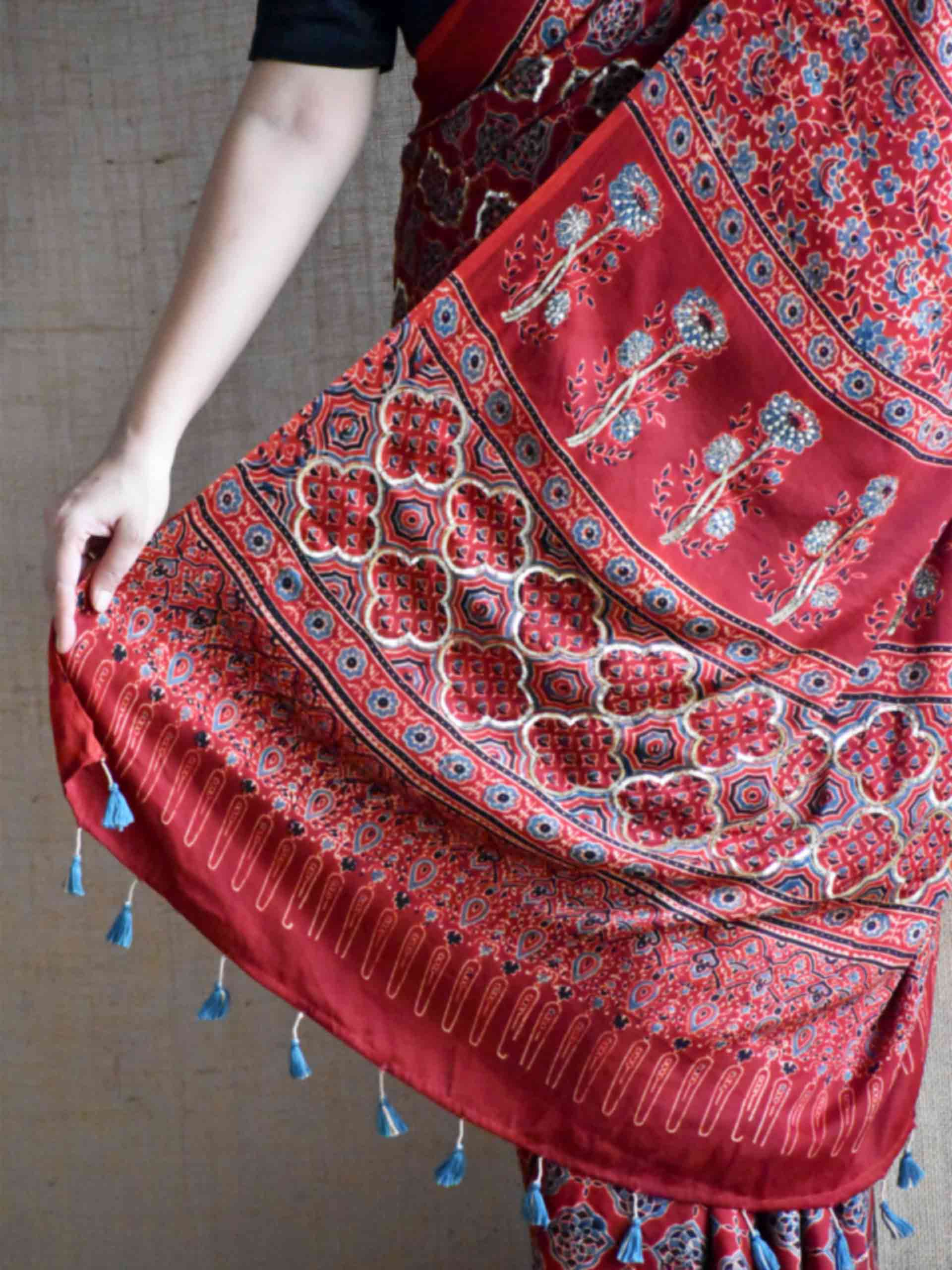 Gulzar - Ajrakh modal Silk hand embroidered Saree