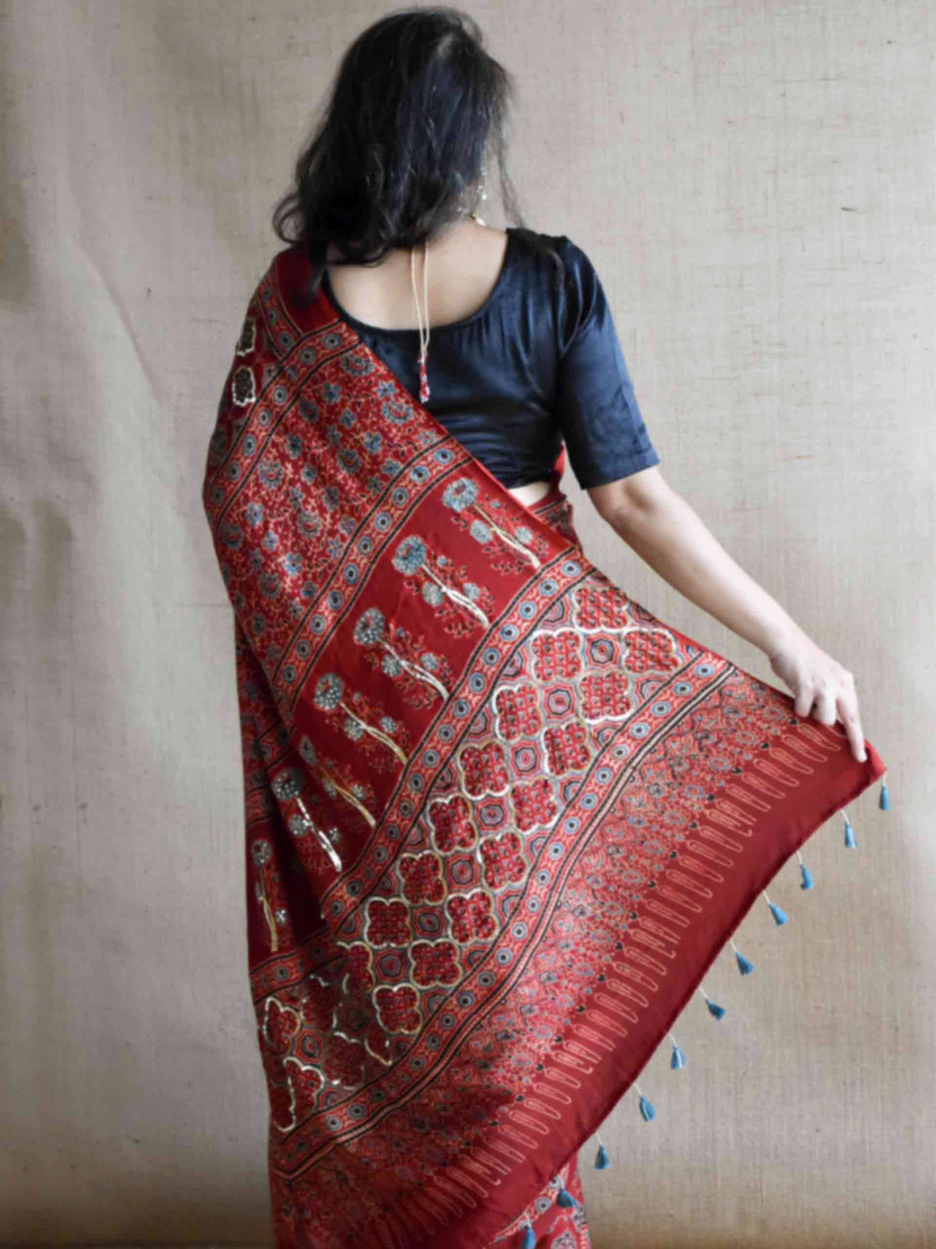 Gulzar - Ajrakh modal Silk hand embroidered Saree