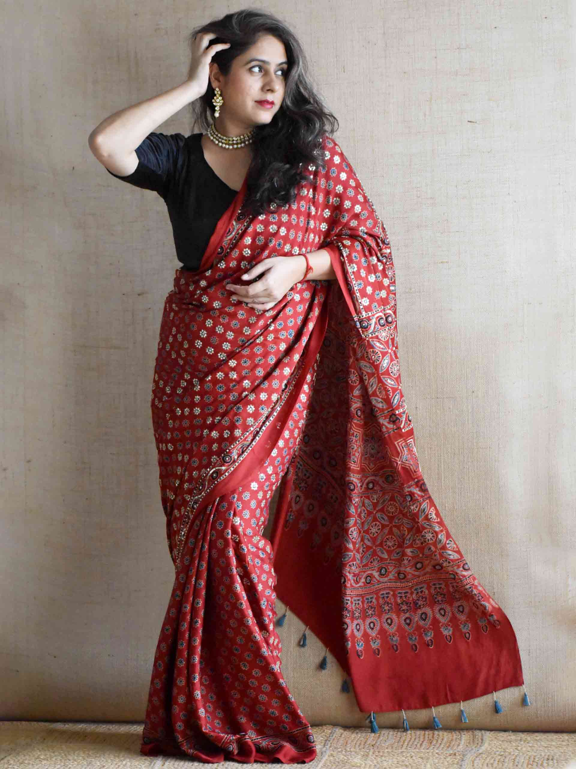 Rooh-e-Riwāyat - Ajrakh modal Silk hand embroidered Saree