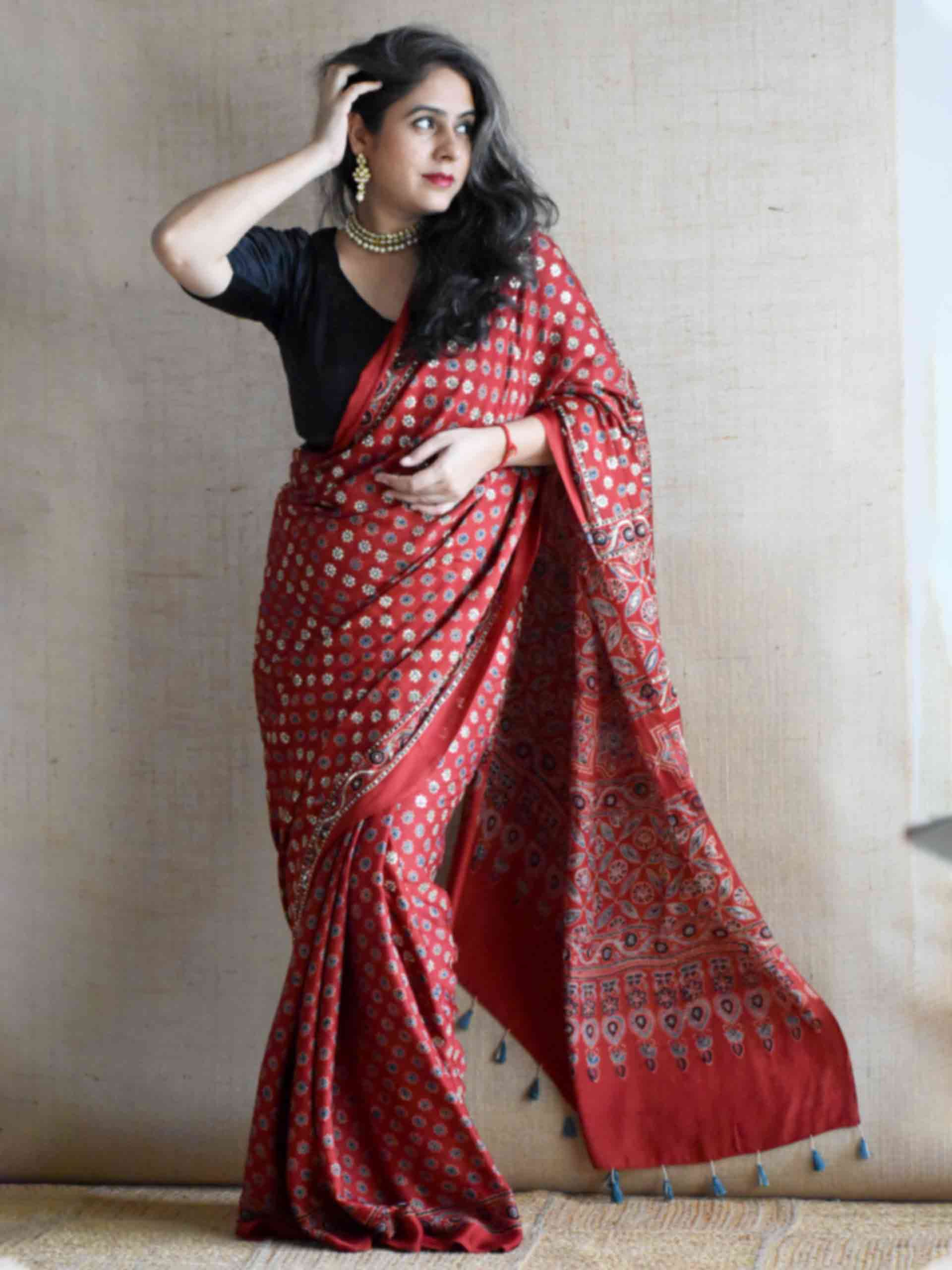 Rooh-e-Riwāyat - Ajrakh modal Silk hand embroidered Saree