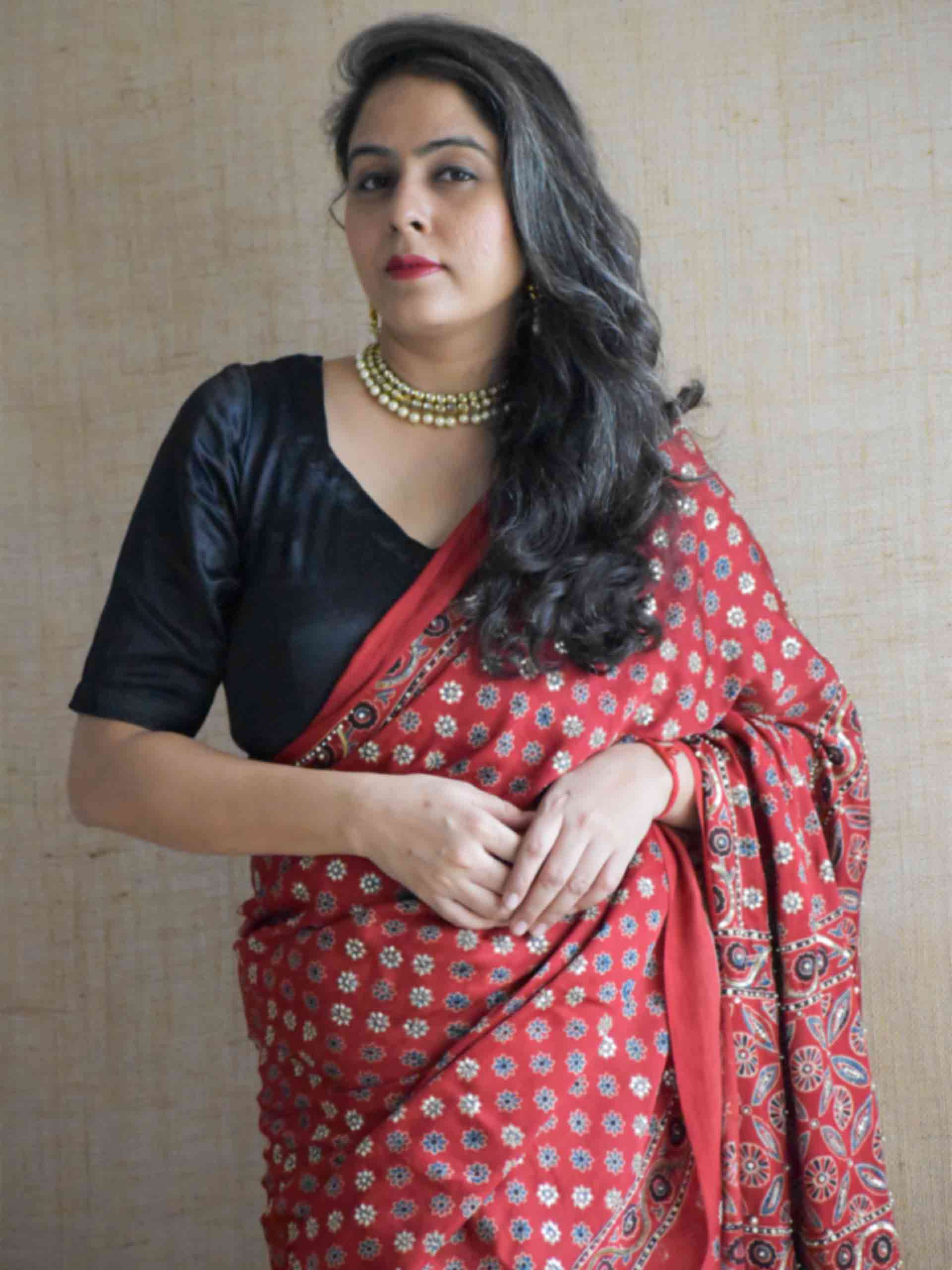 Rooh-e-Riwāyat - Ajrakh modal Silk hand embroidered Saree