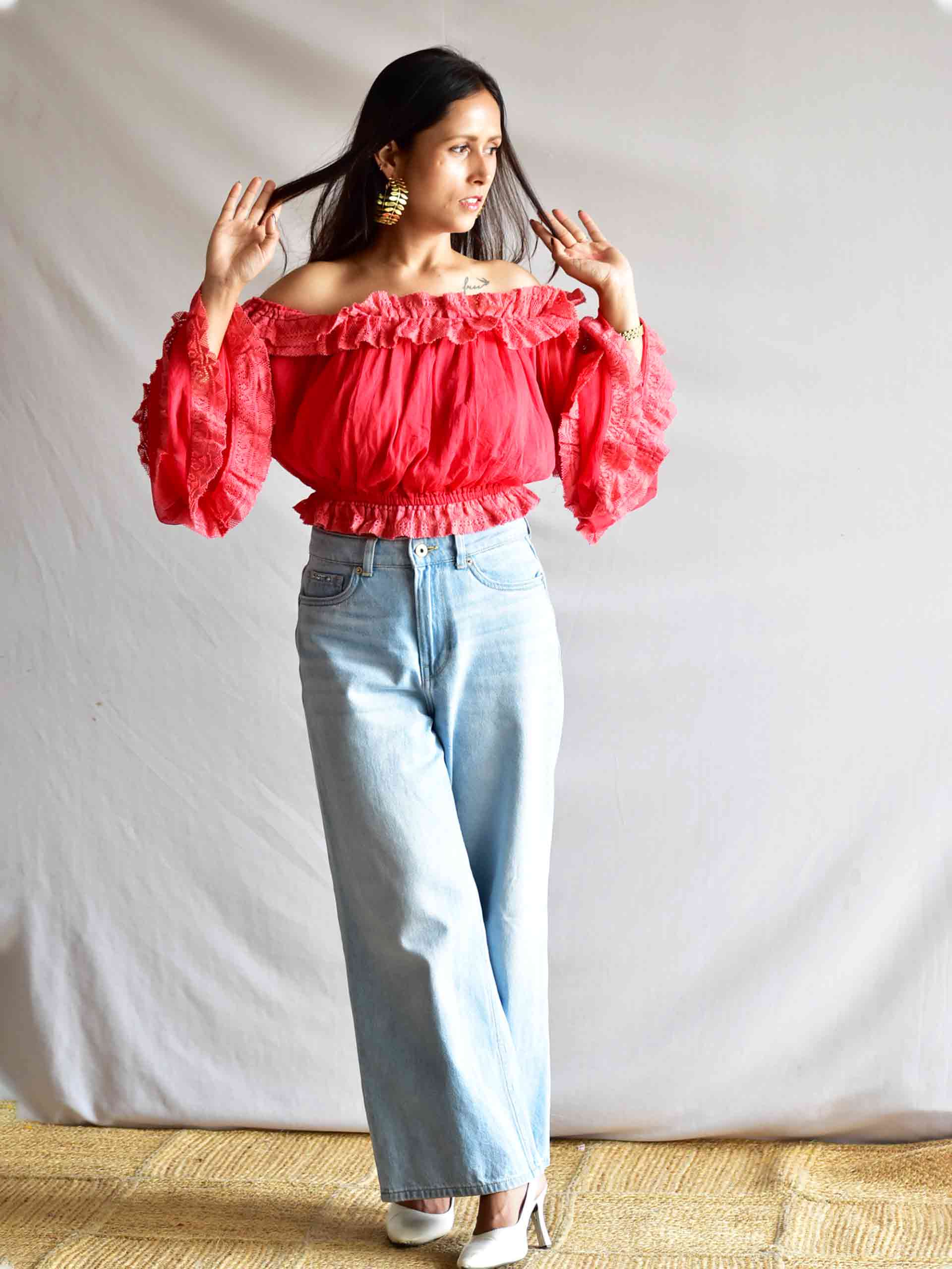 Cherry - Off Shoulder Frill Top