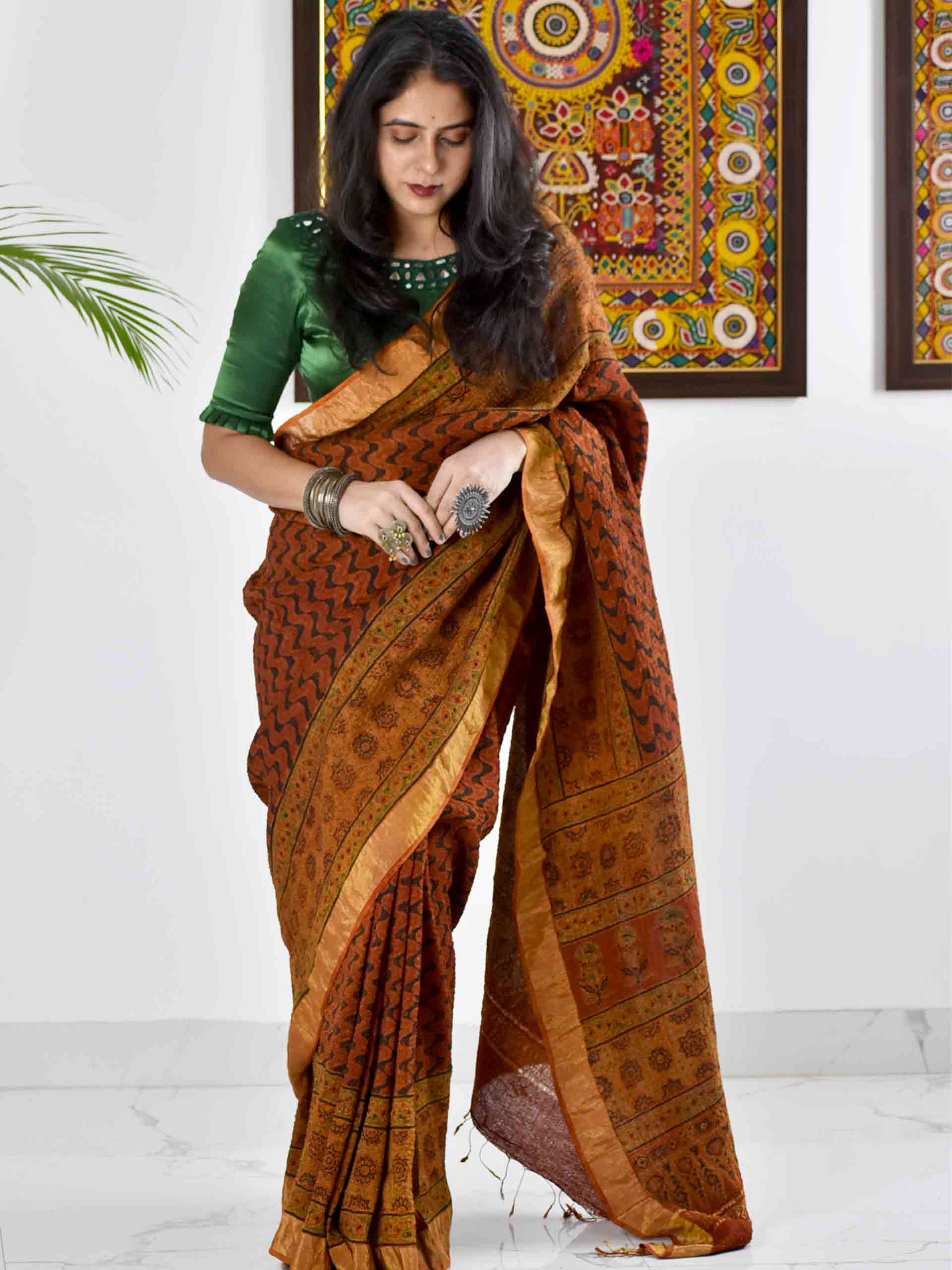 UD045 - Ajrakh handloom Linen silk saree