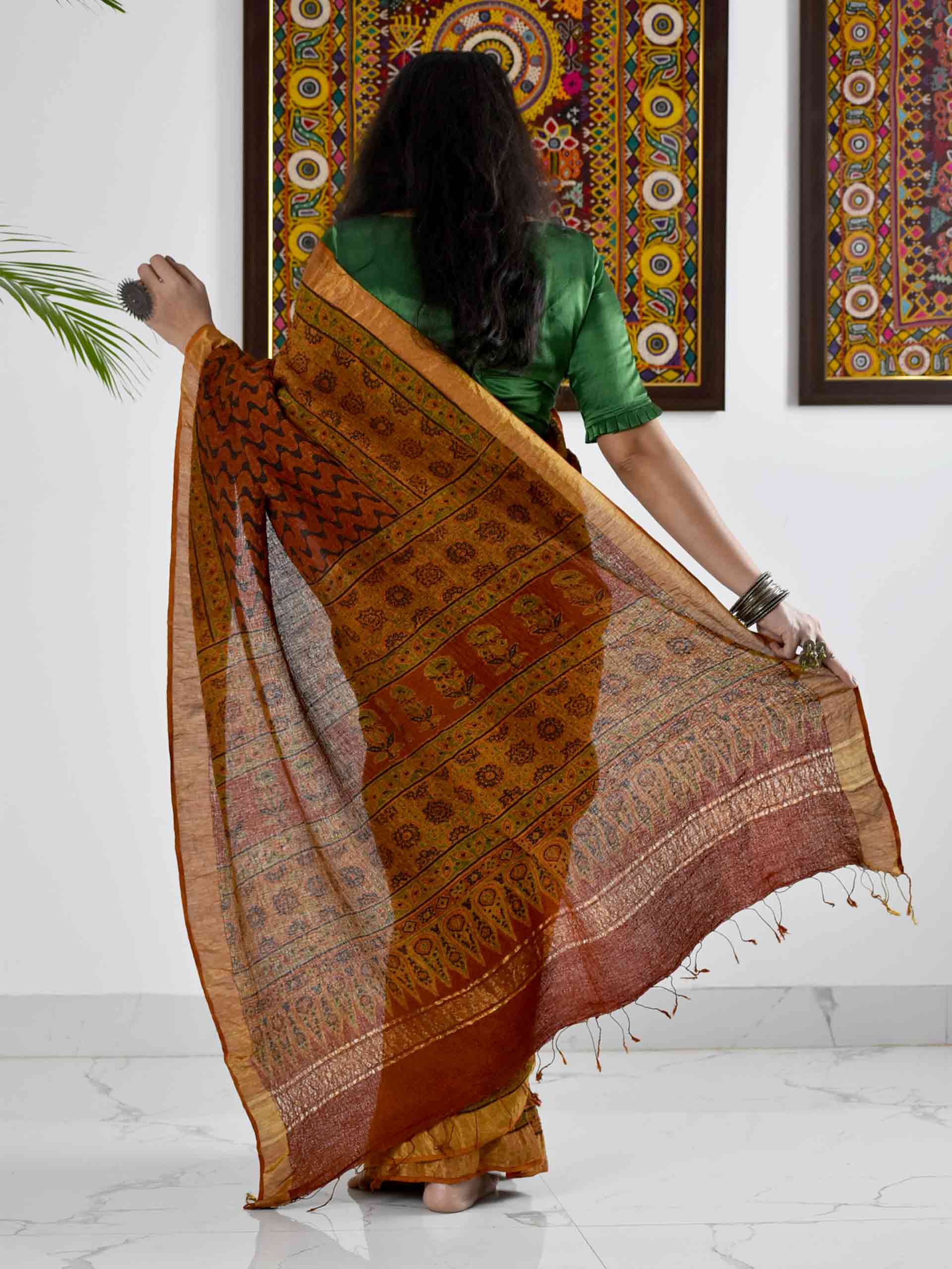 UD045 - Ajrakh handloom Linen silk saree