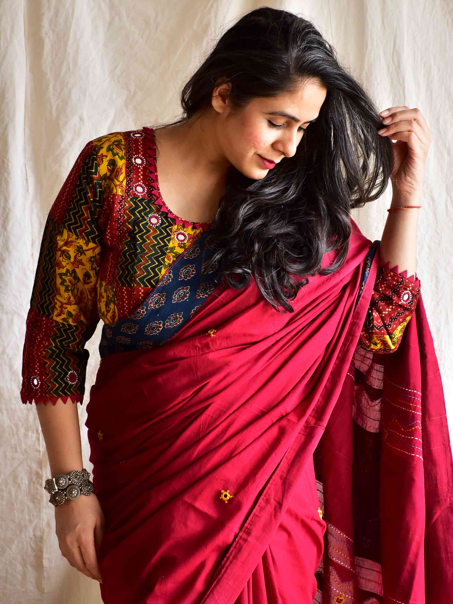Khanak - Ajrakh mirror work and patchwork saree