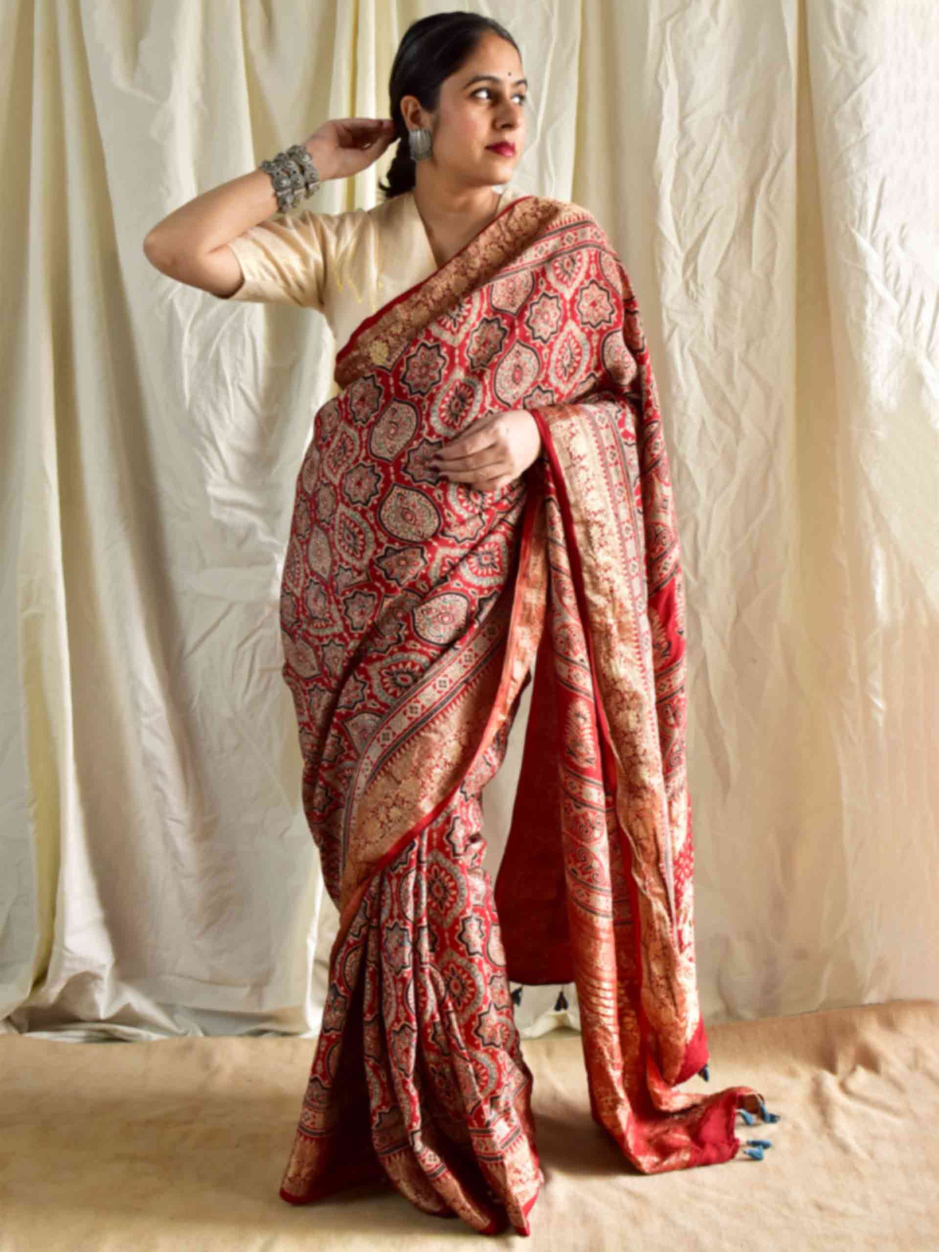 Sur - Ajrakh hand block printed Dola Silk zari border Saree