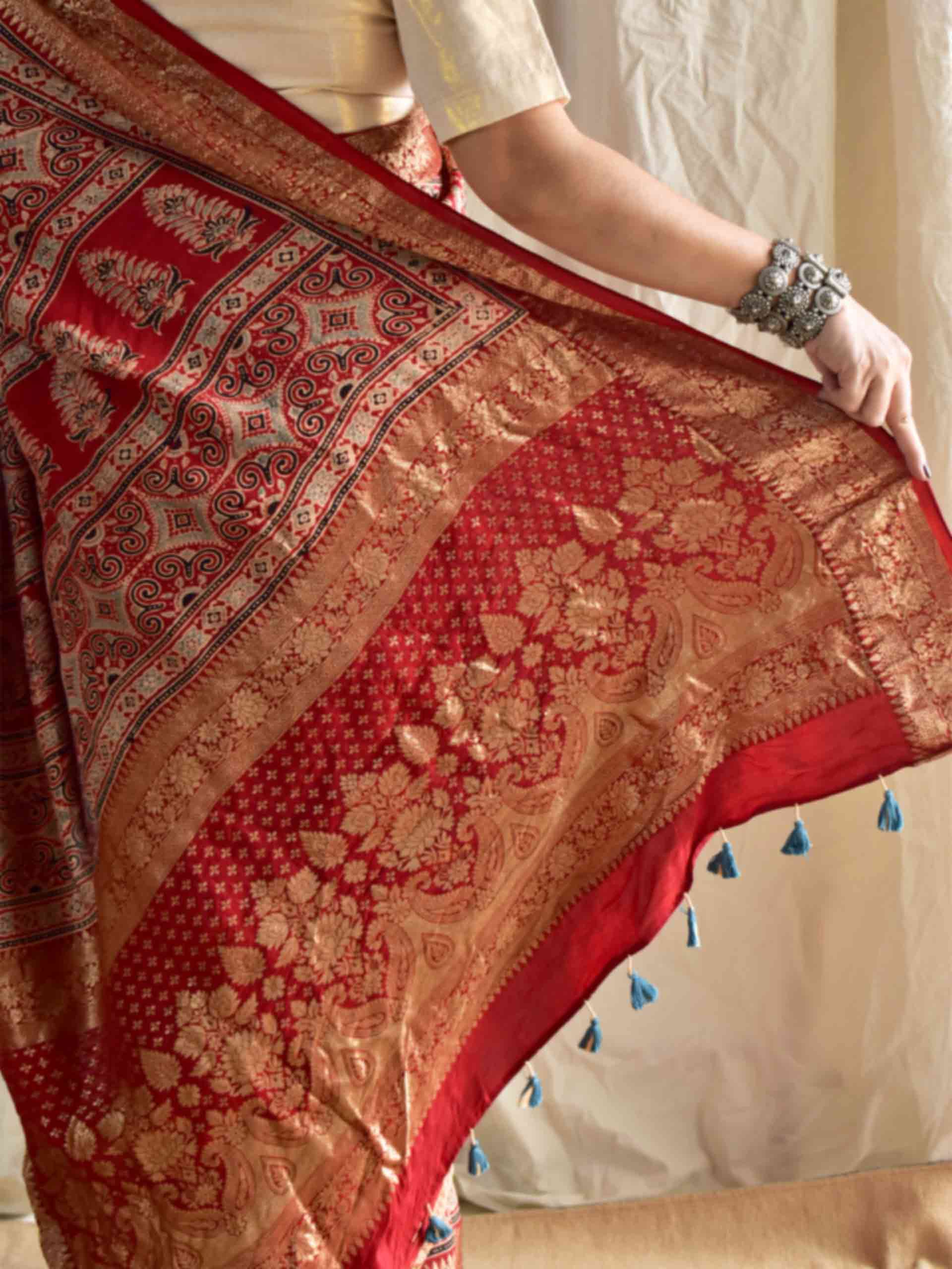 Sur - Ajrakh hand block printed Dola Silk zari border Saree