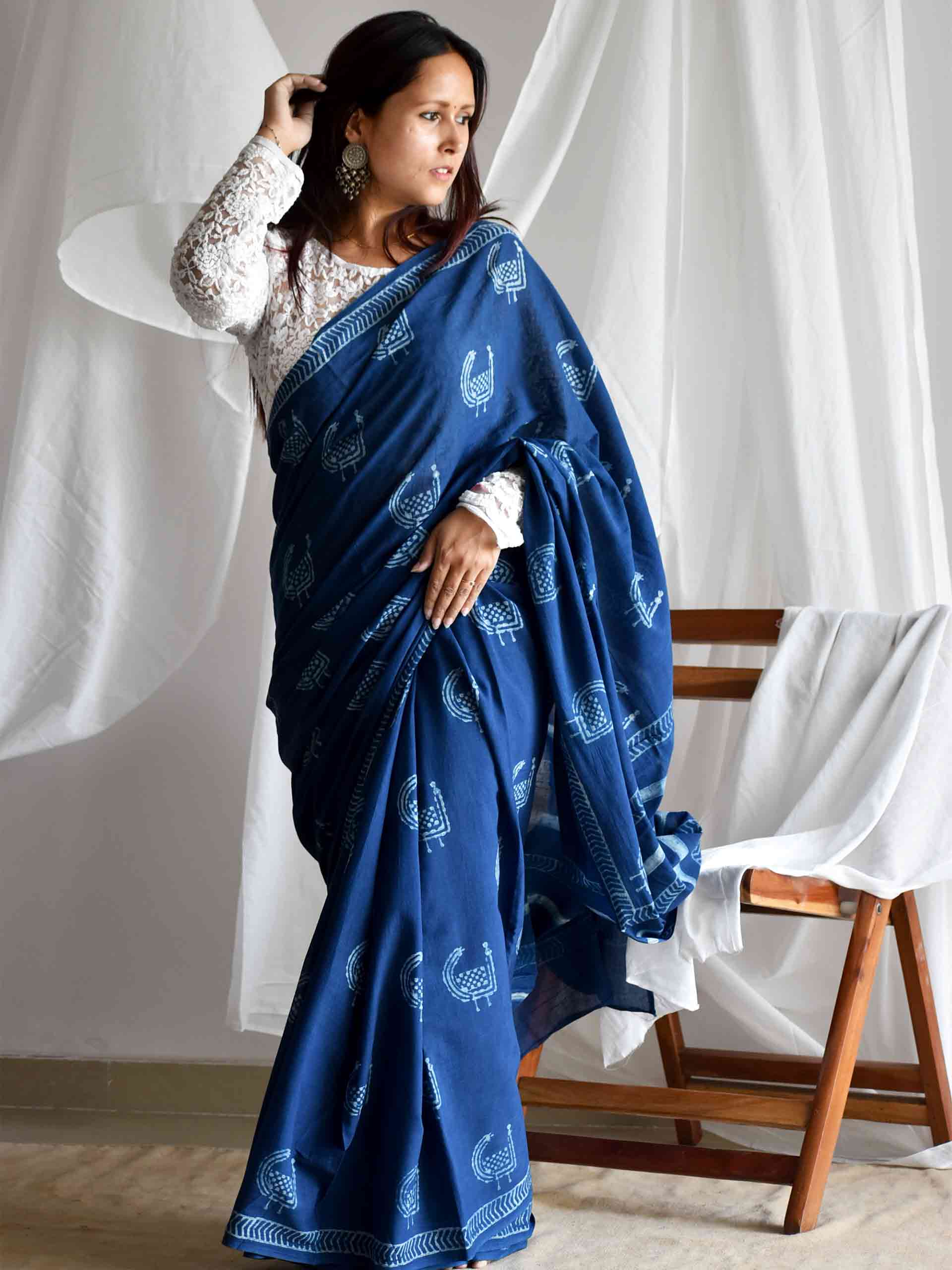 Mor Indigo mul cotton saree