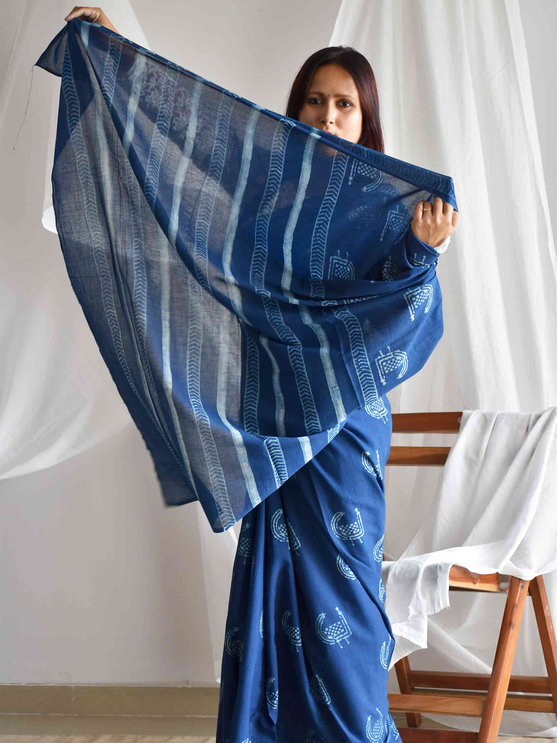 Mor Indigo mul cotton saree