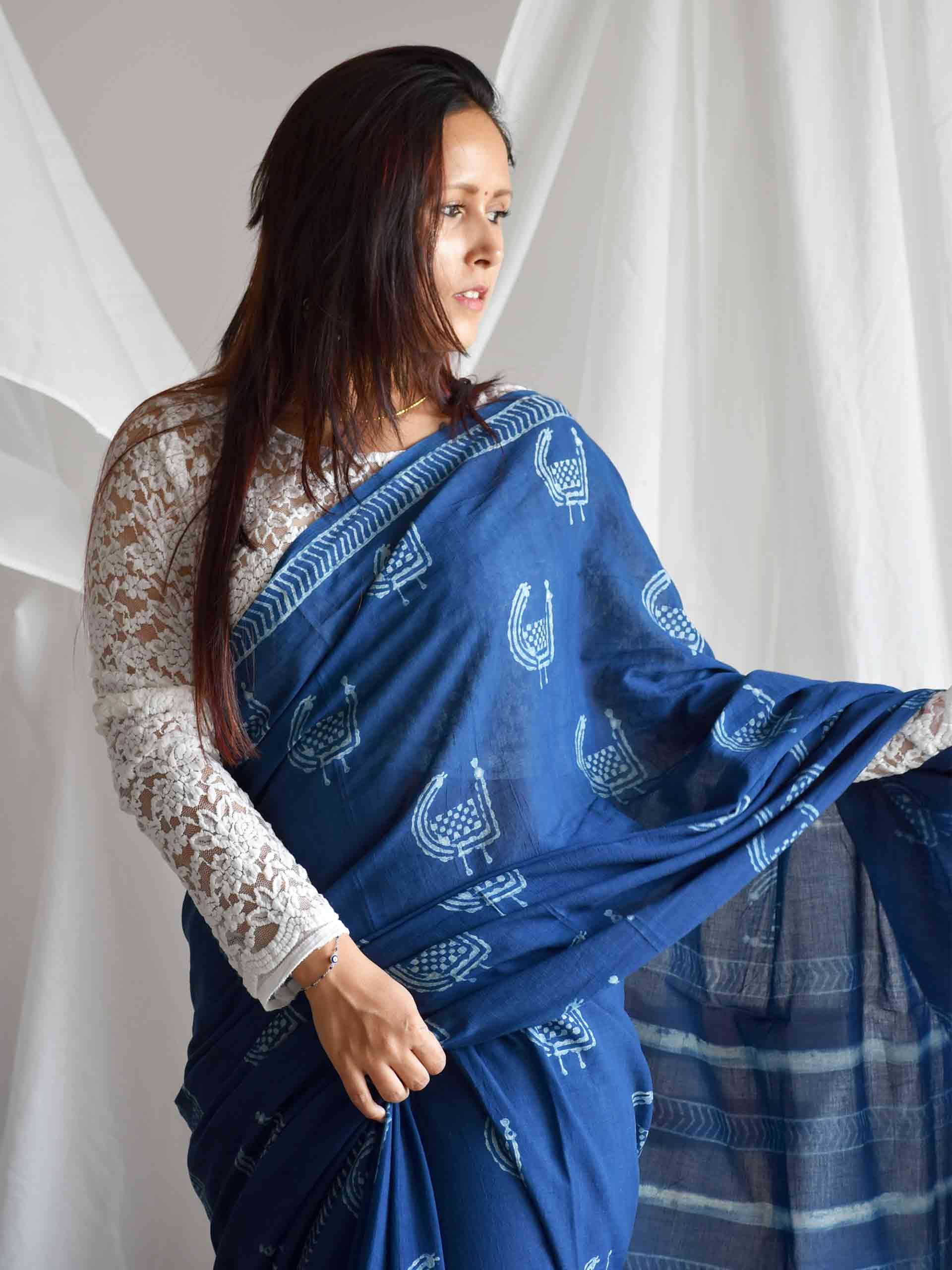 Mor Indigo mul cotton saree