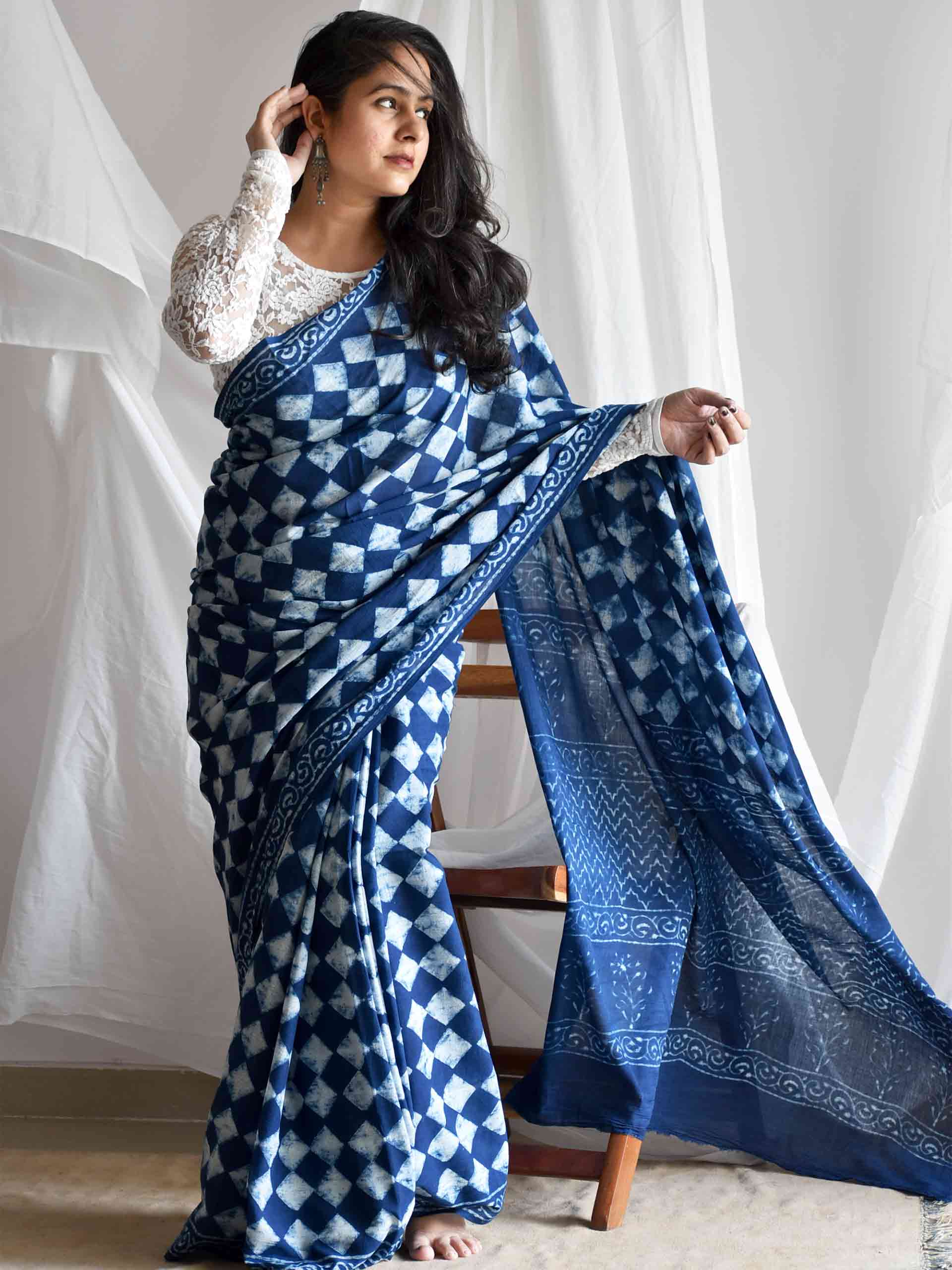 patang Indigo mul cotton saree