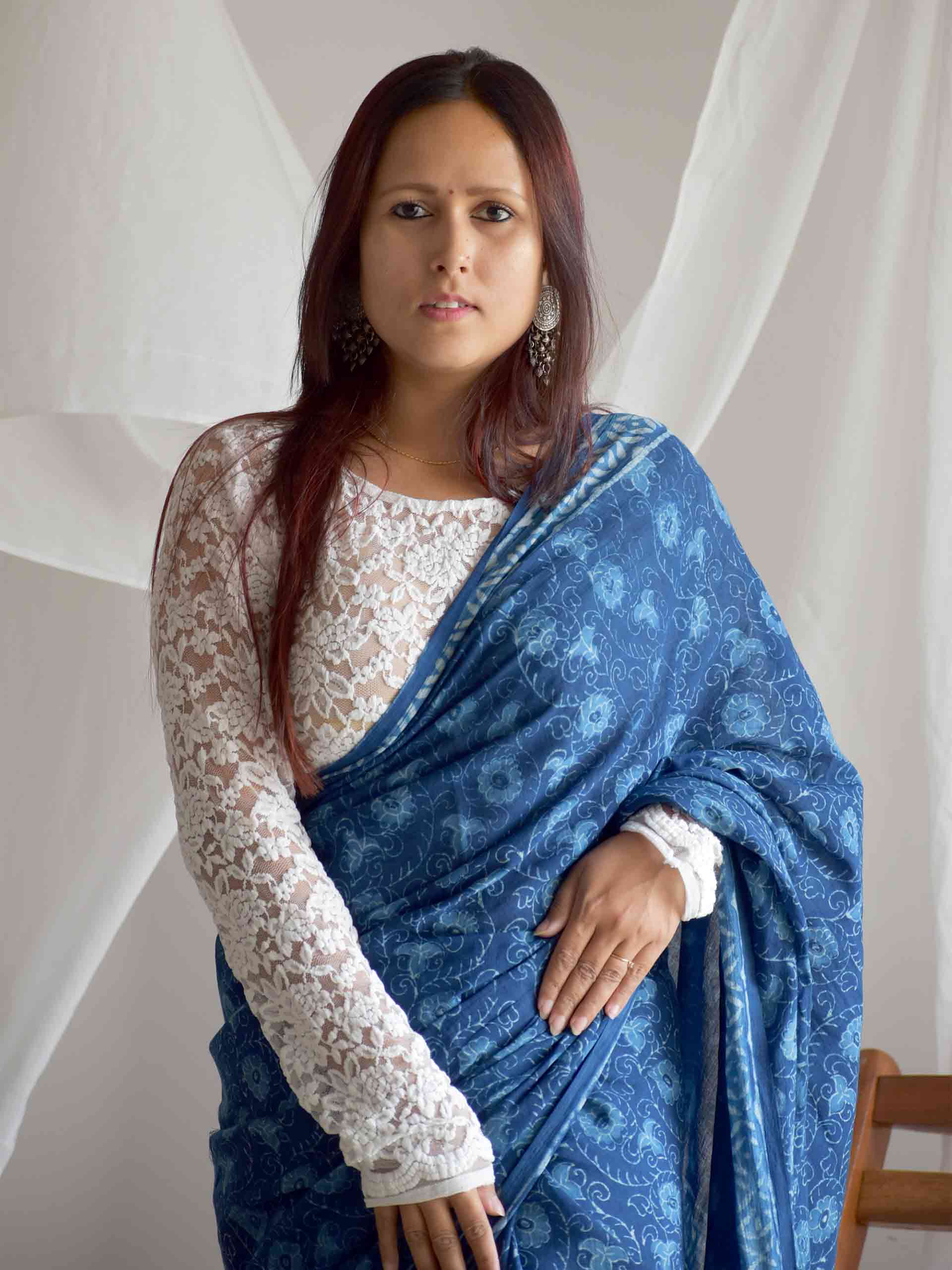 Phulwari Indigo mul cotton saree